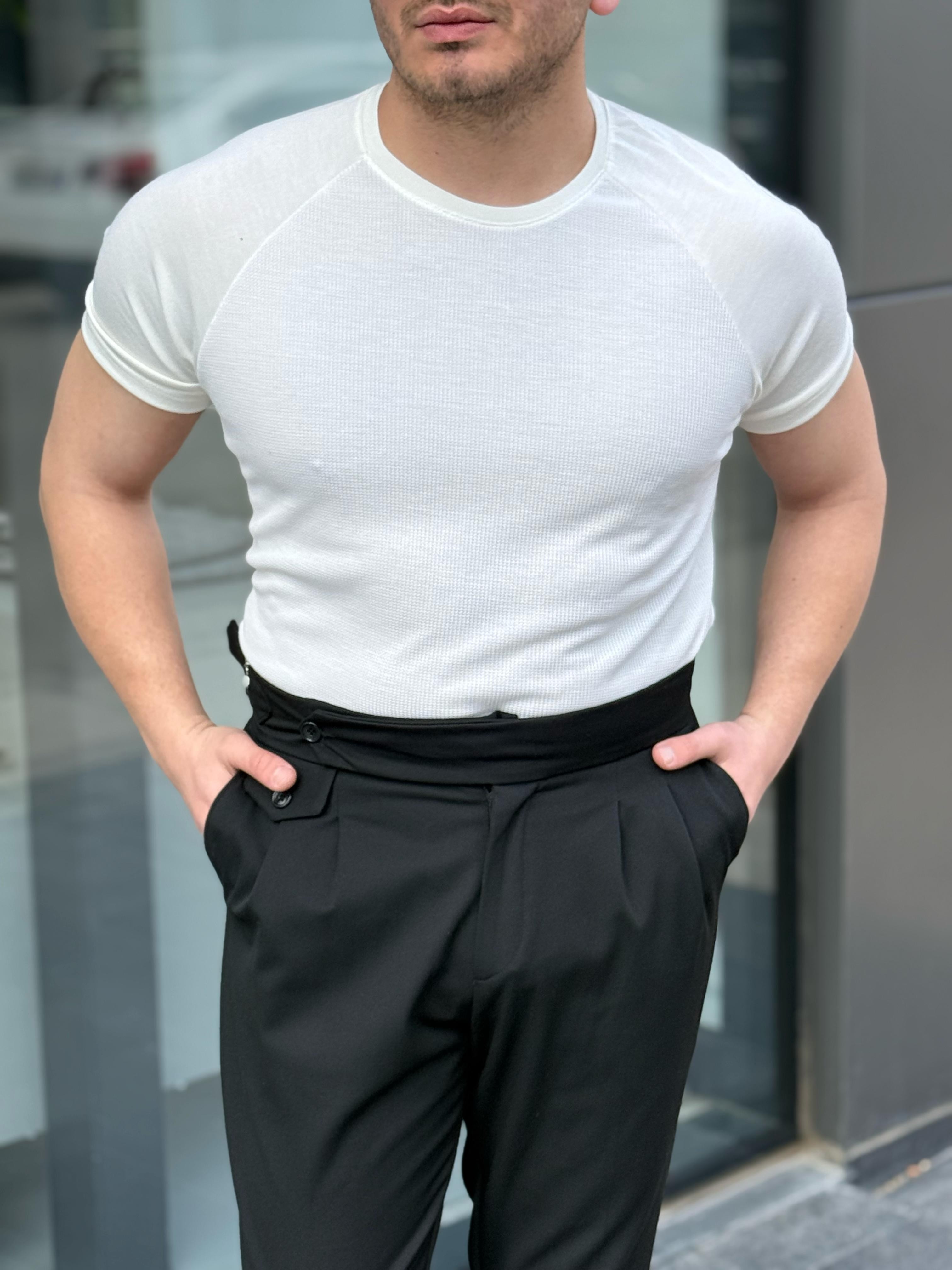 Kol Çizgili Triko Tshirt - Beyaz