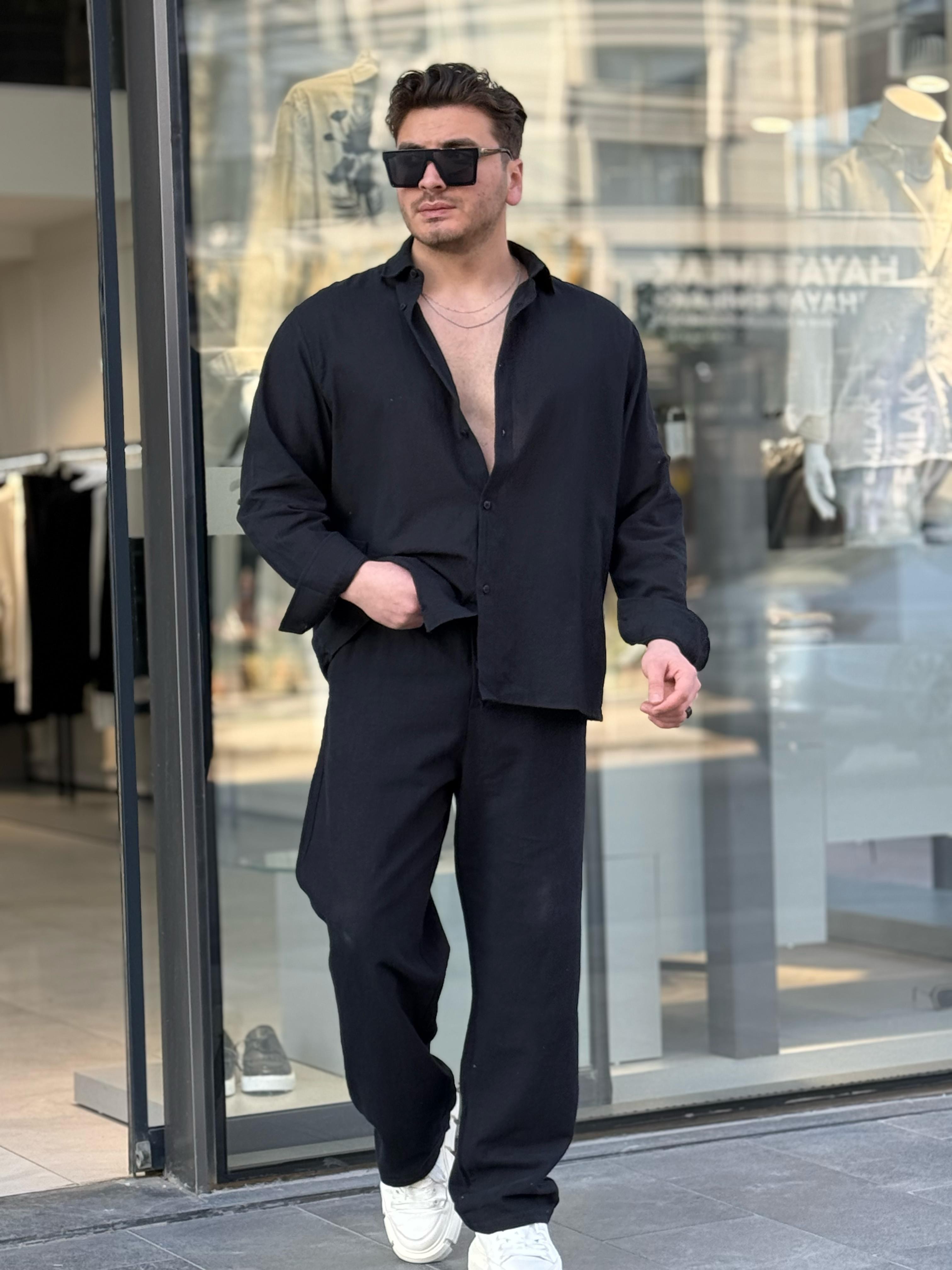Keten Kumaş Oversize Gömlek - Siyah