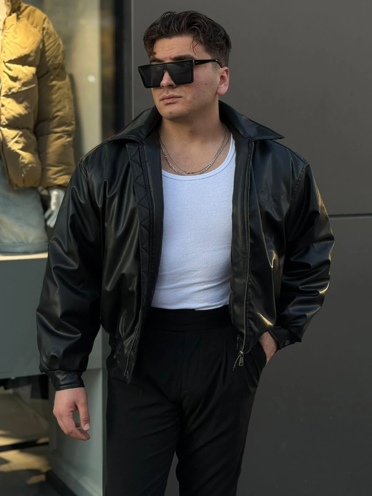 Baskılı Deri Mont - Siyah