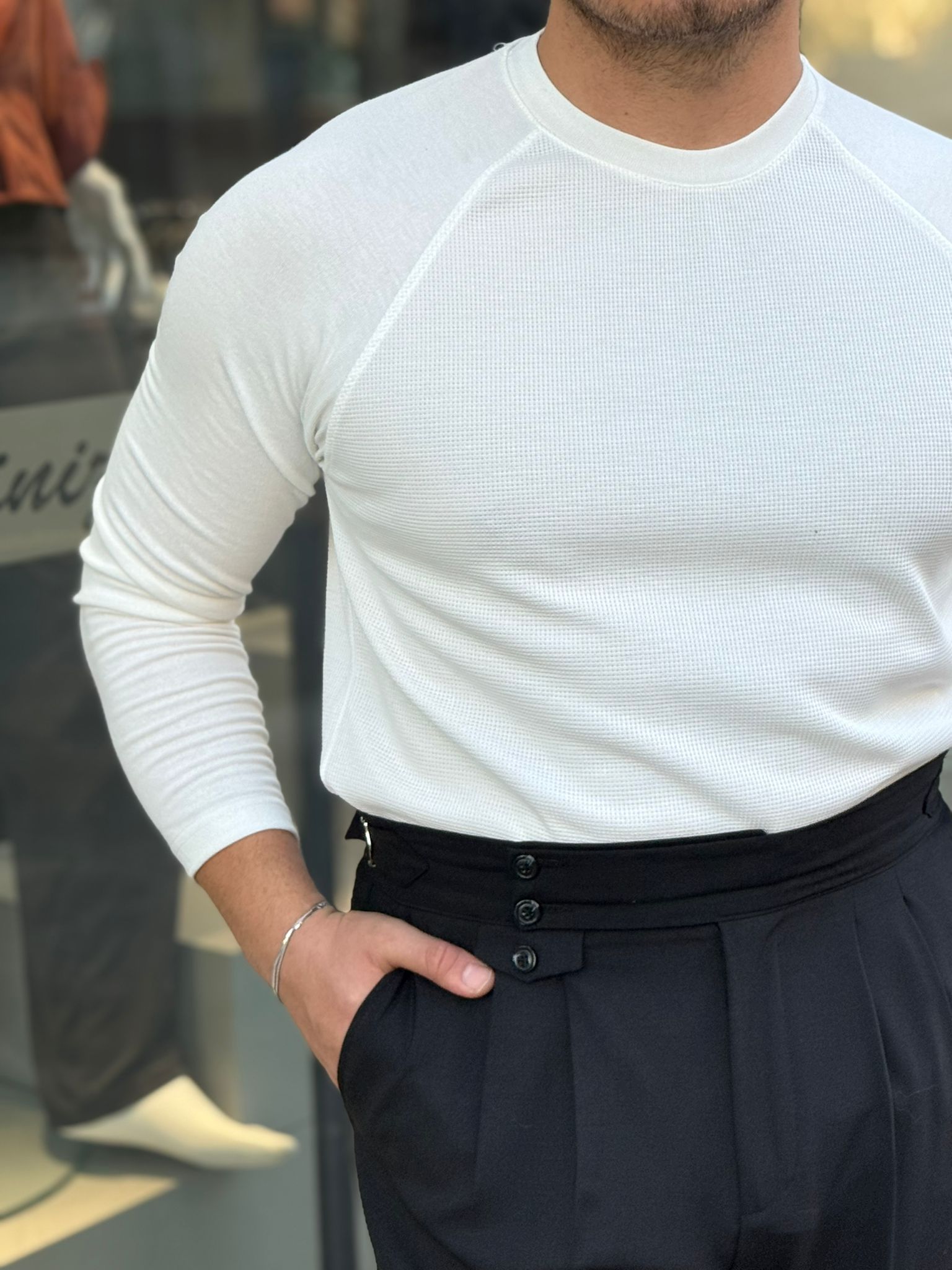 Kol Çizgili Sweatshirt - Beyaz