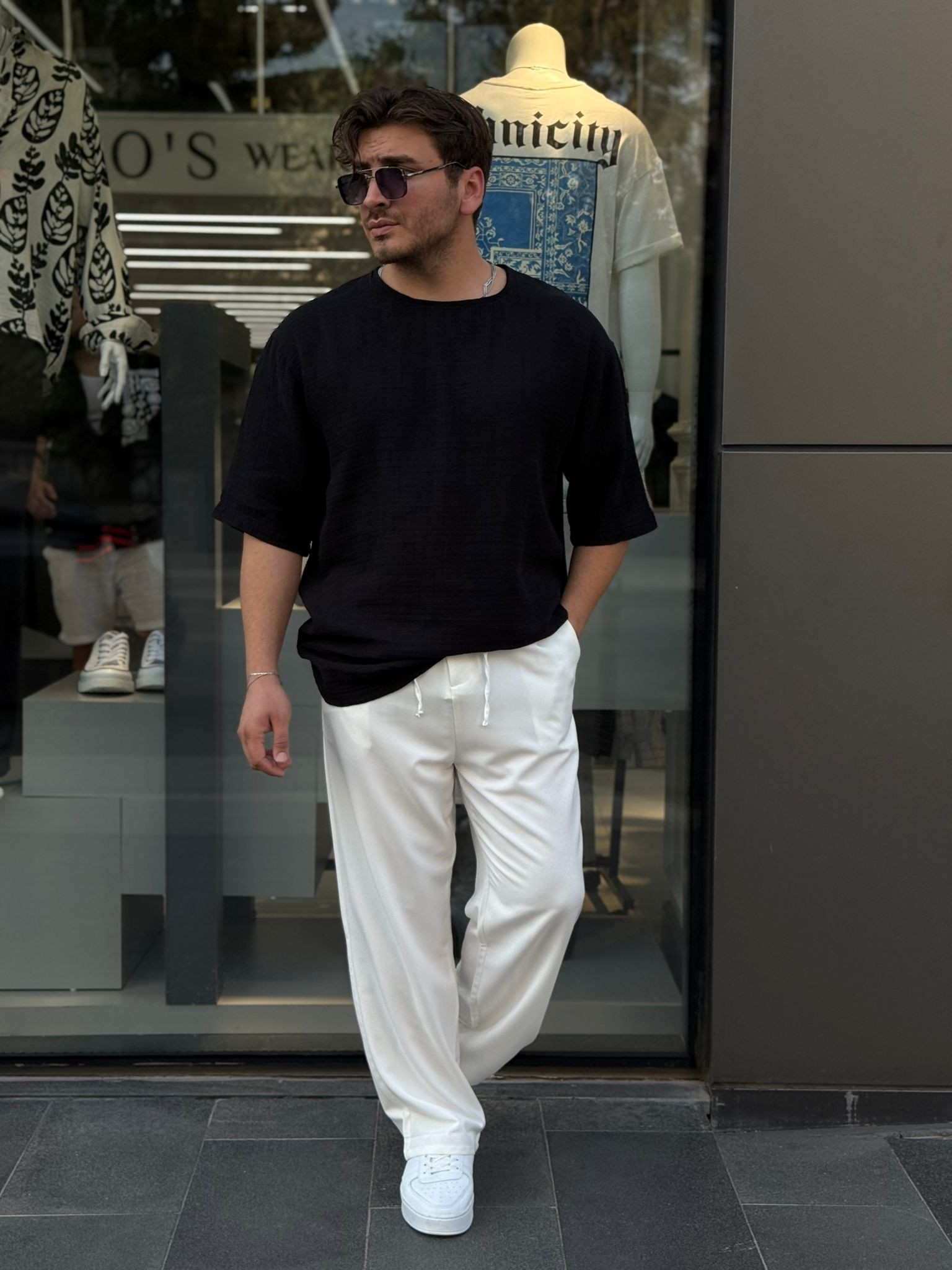 Müslin Kumaş Oversize Fakir Kol Tshirt - Siyah