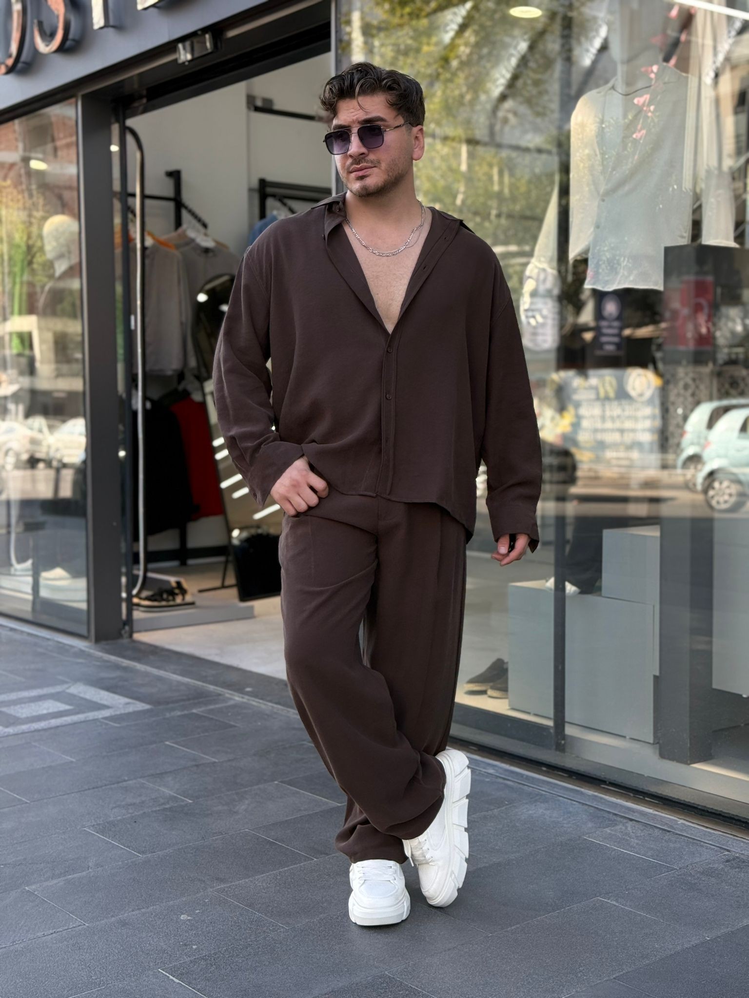 Oversize Gömlek Takım - Kahve