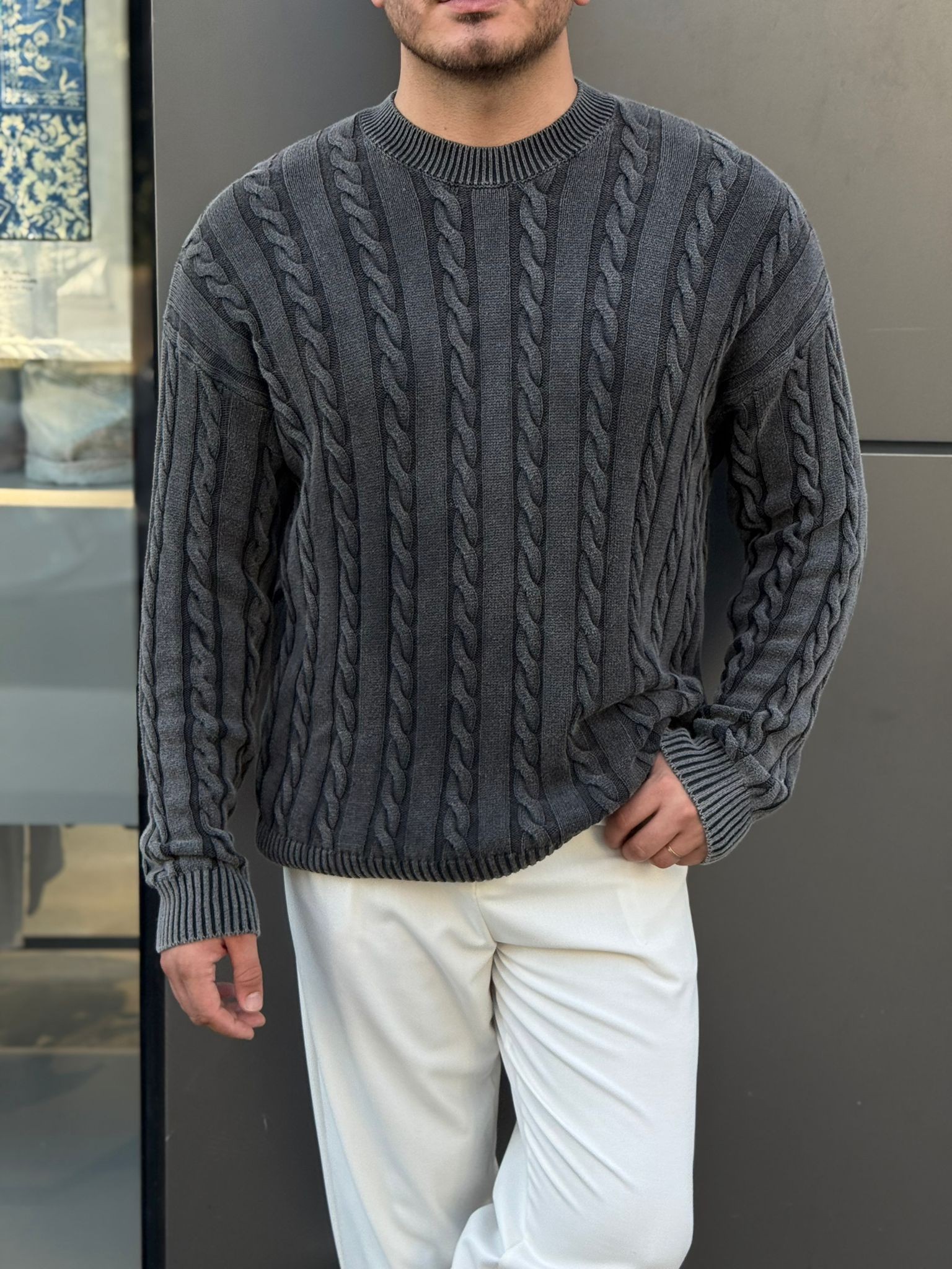 Örme Oversize Bisiklet Yaka Kazak  - Siyah