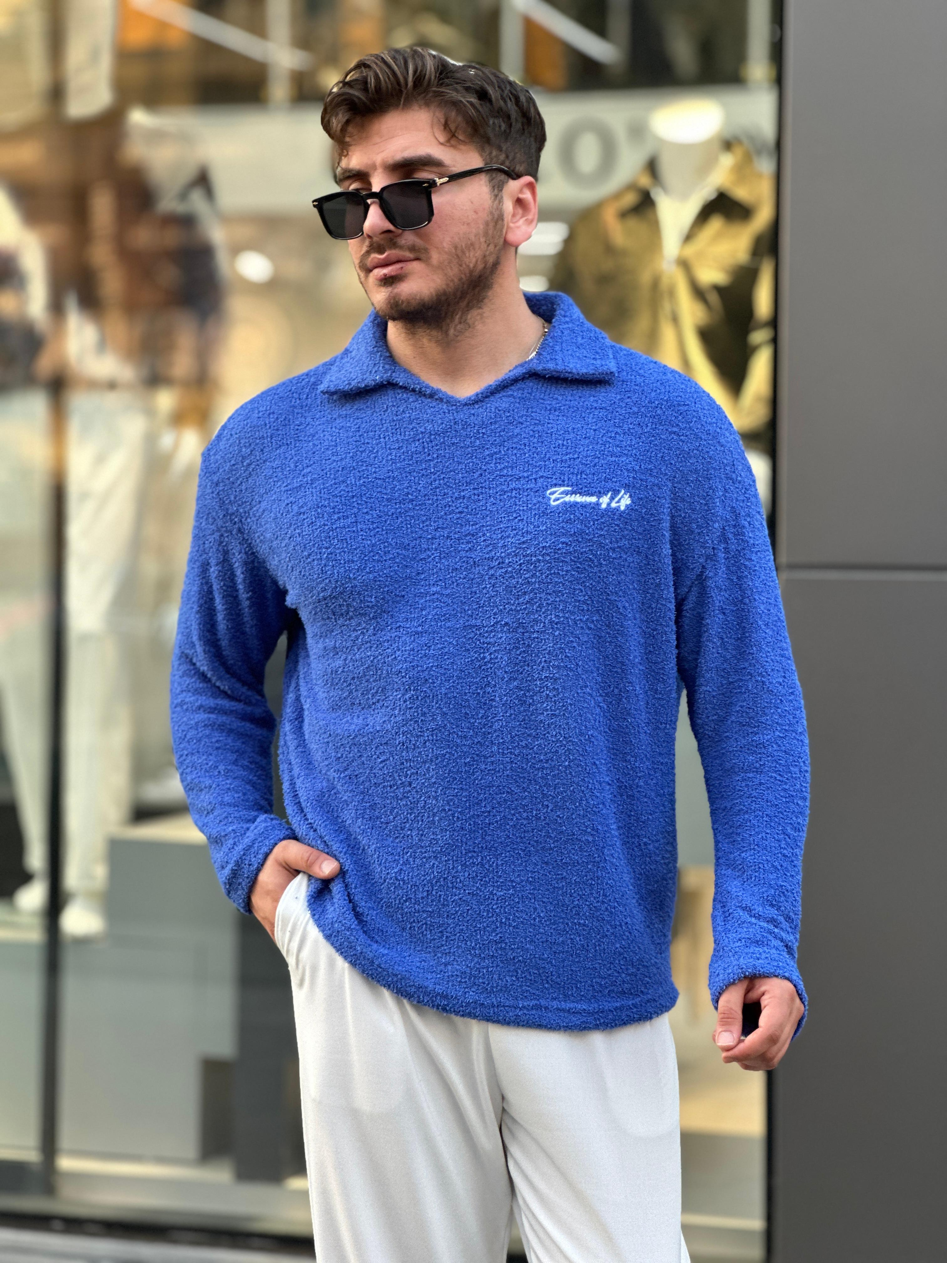 Minimal Baskılı Polo Yaka Peluş Sweat  - Mavi