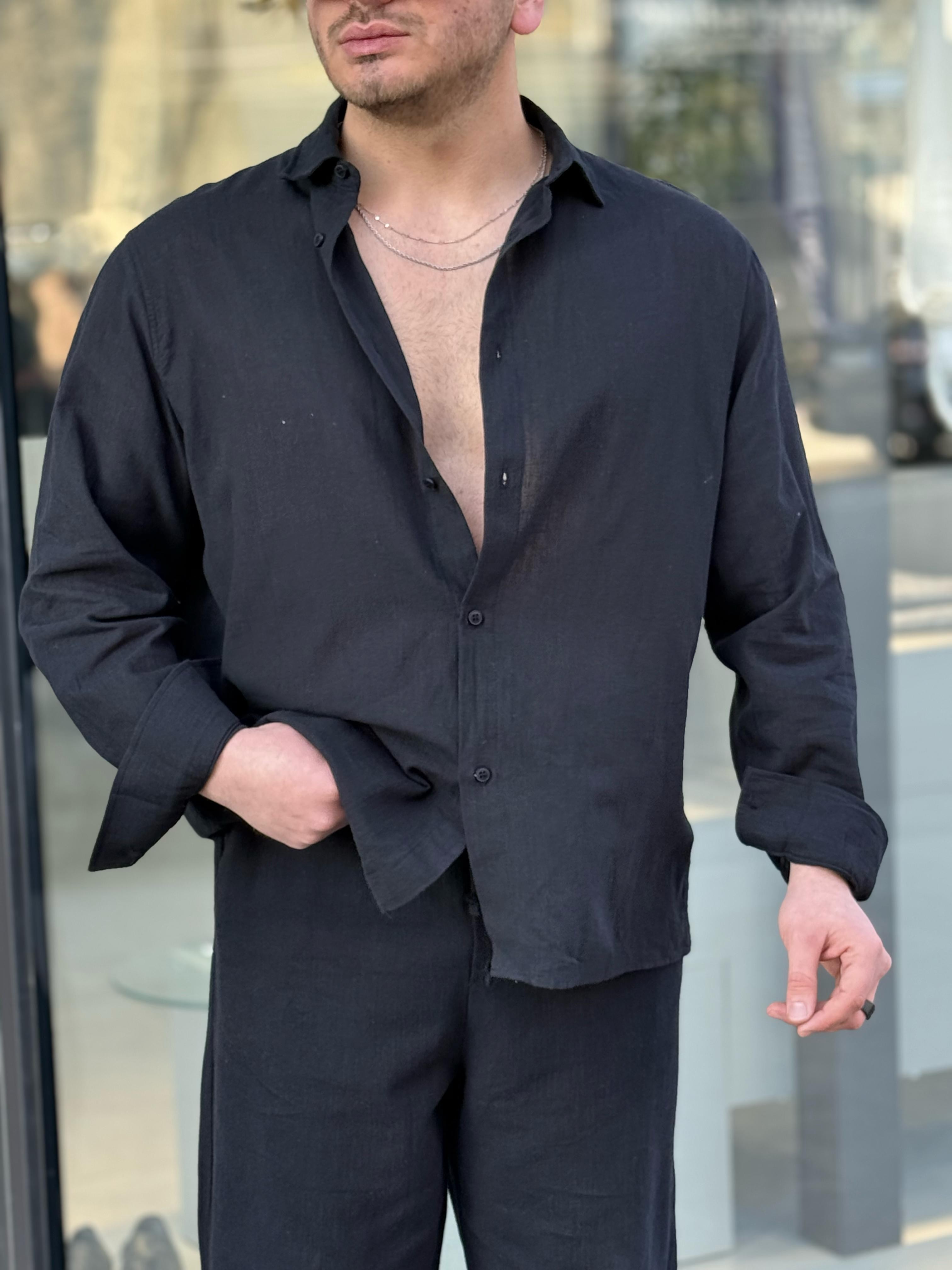 Keten Kumaş Oversize Gömlek - Siyah