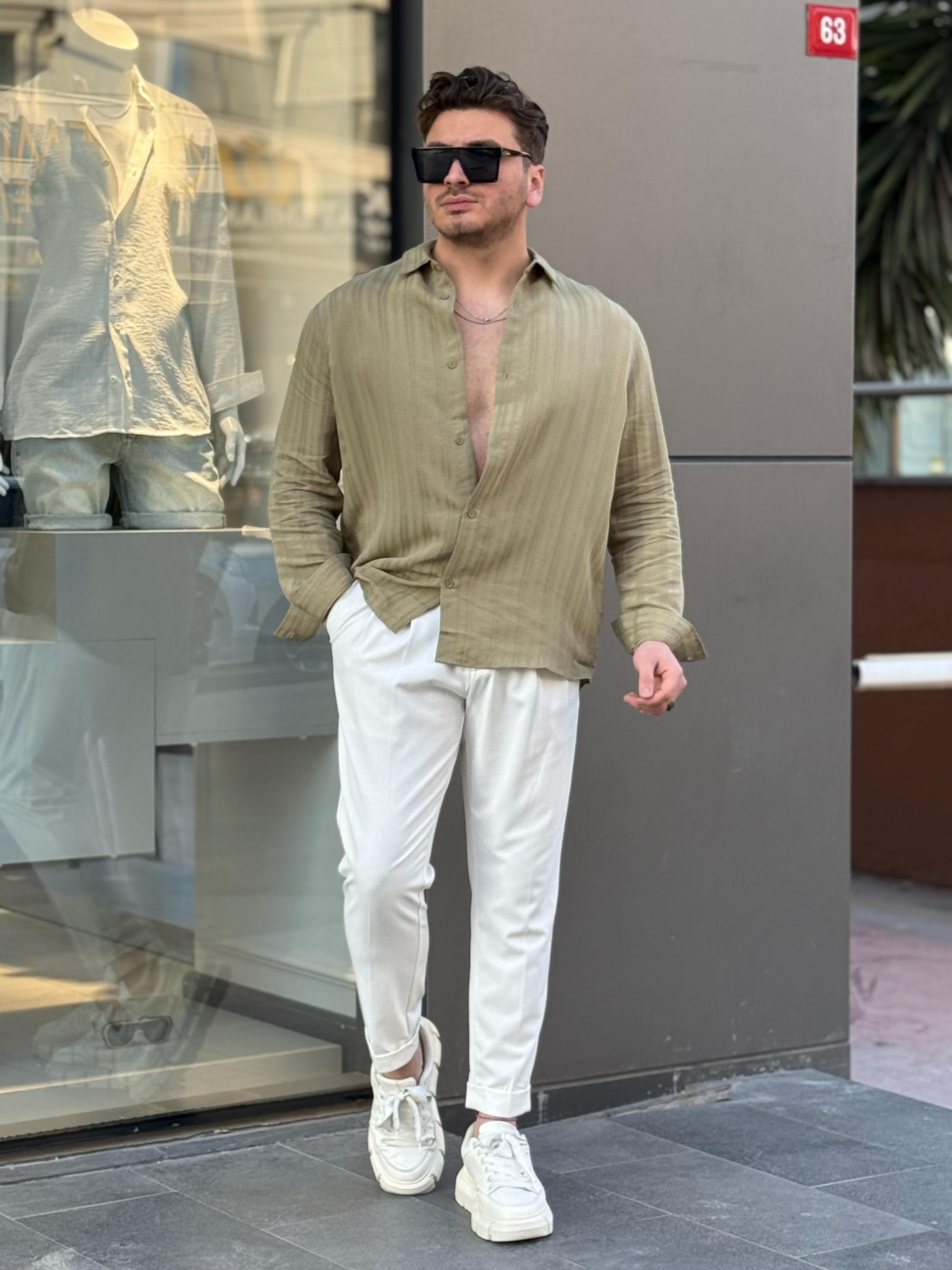 Çizgi Detaylı Yarım Oversize Gömlek - Yeşil
