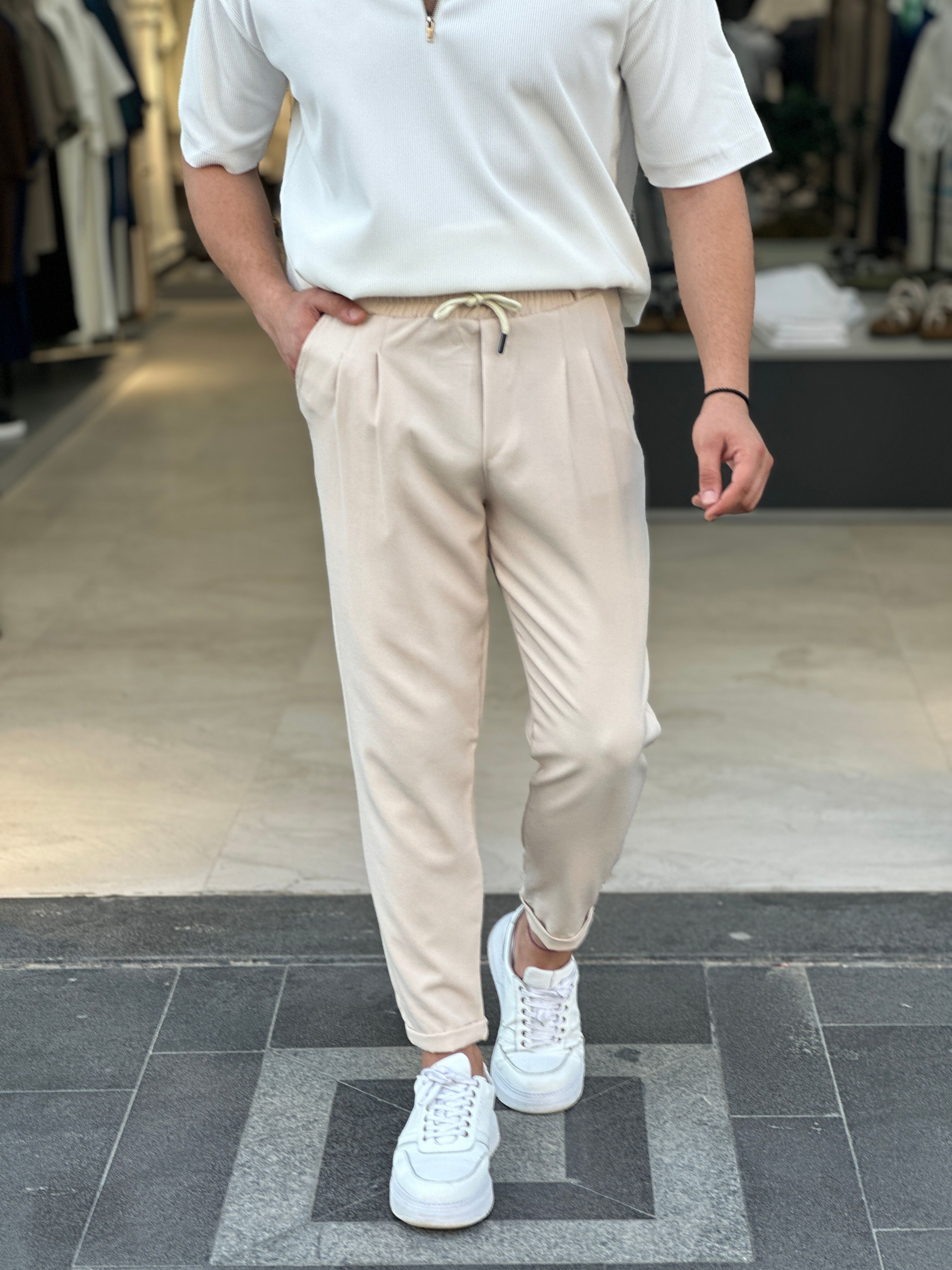 İpli Jogger Pantolon  - krem