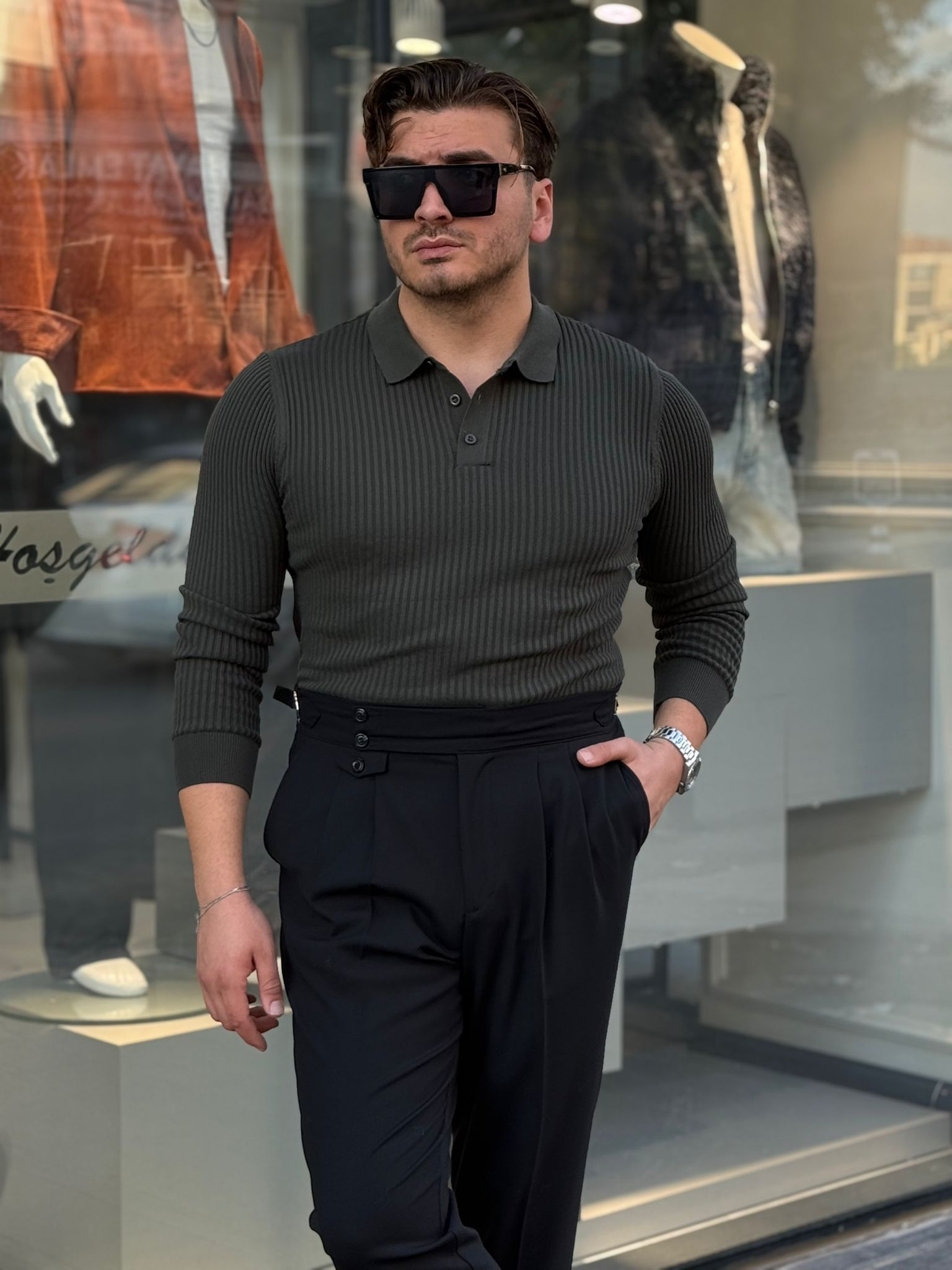 Polo Yaka Çizgili Triko  - Yeşil