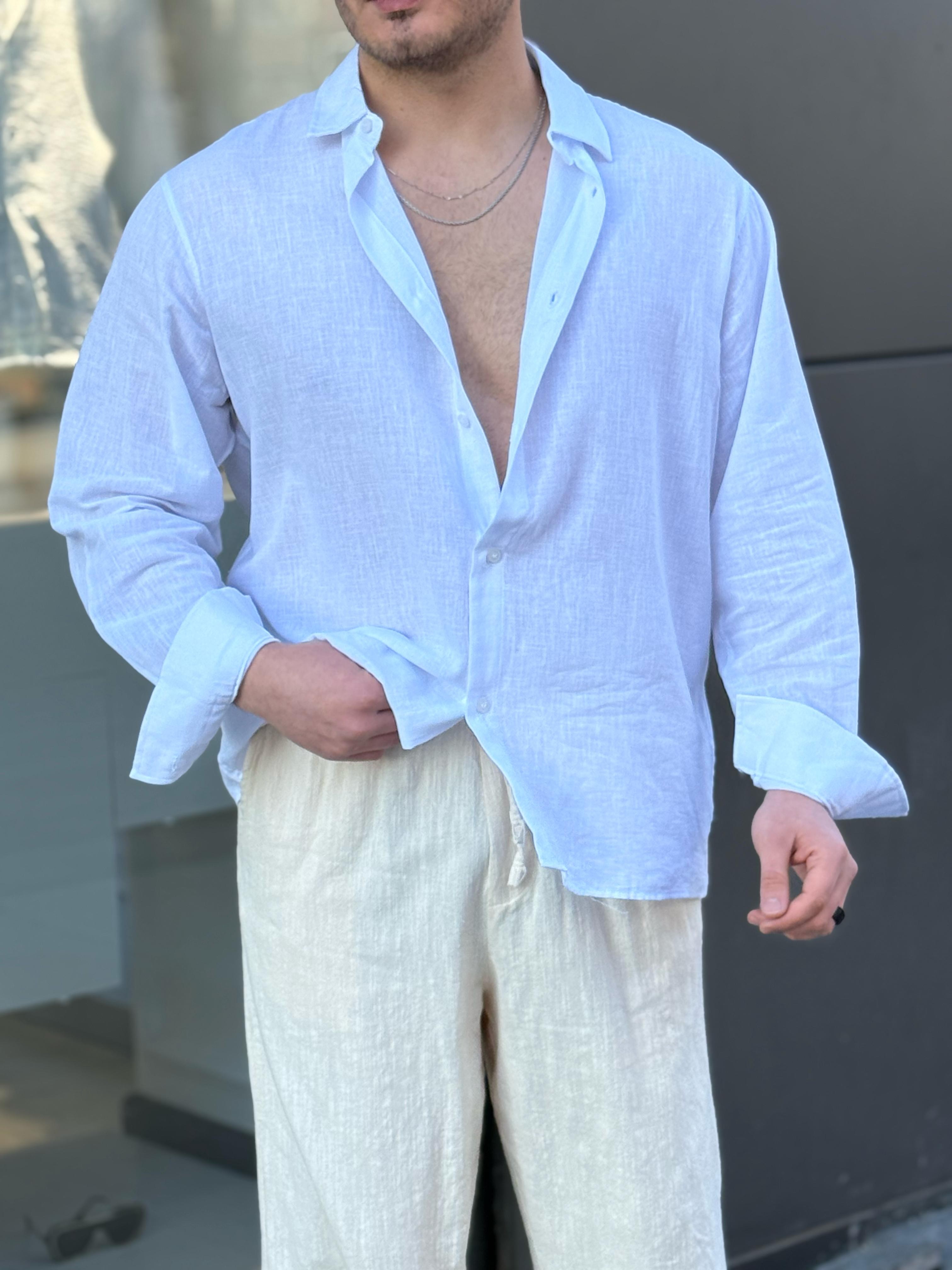 Keten Kumaş Oversize Gömlek - Beyaz