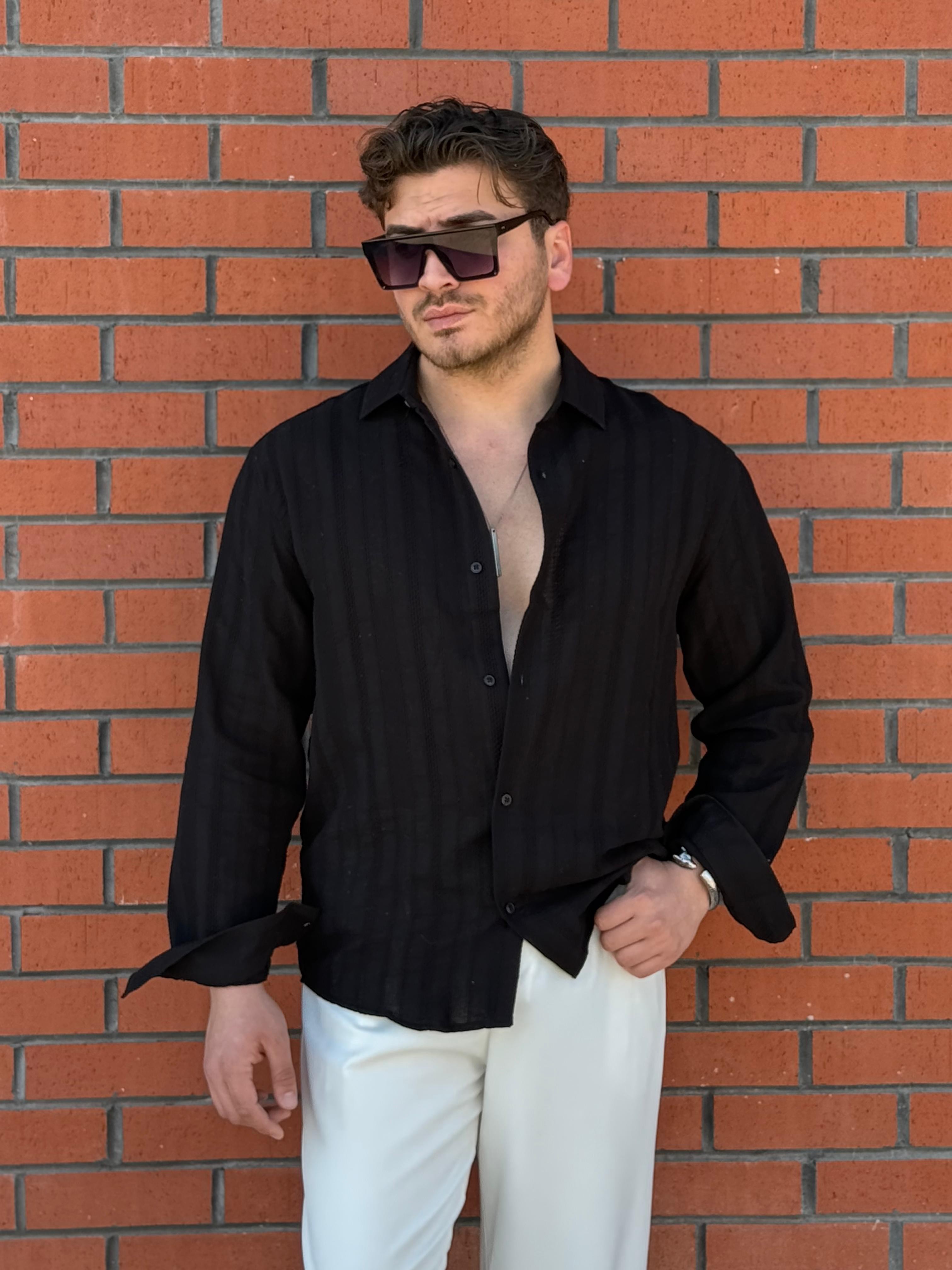Şerit Detaylı Oversize Gömlek - Siyah