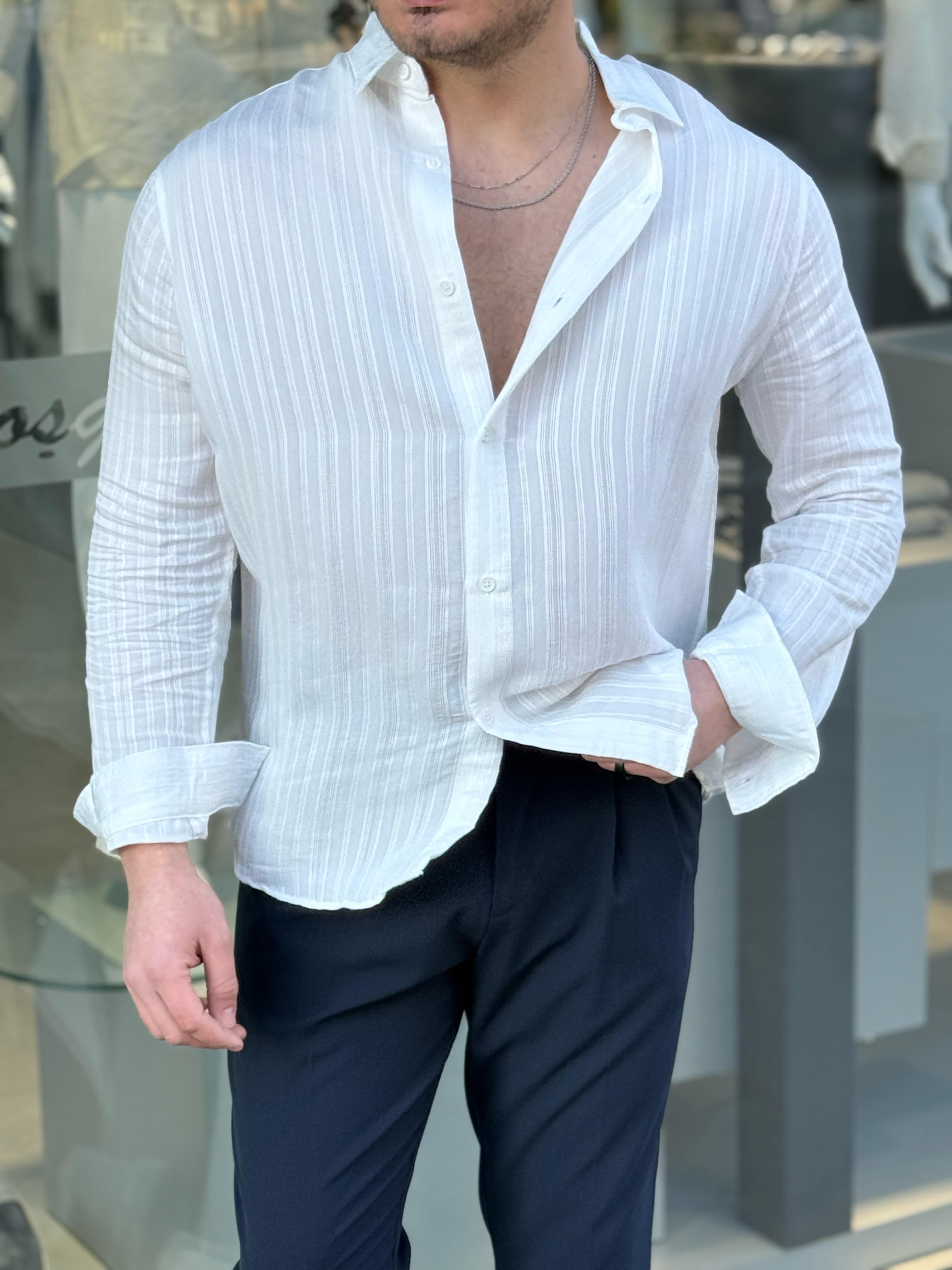 Çizgi Detaylı Yarım Oversize Gömlek - Beyaz