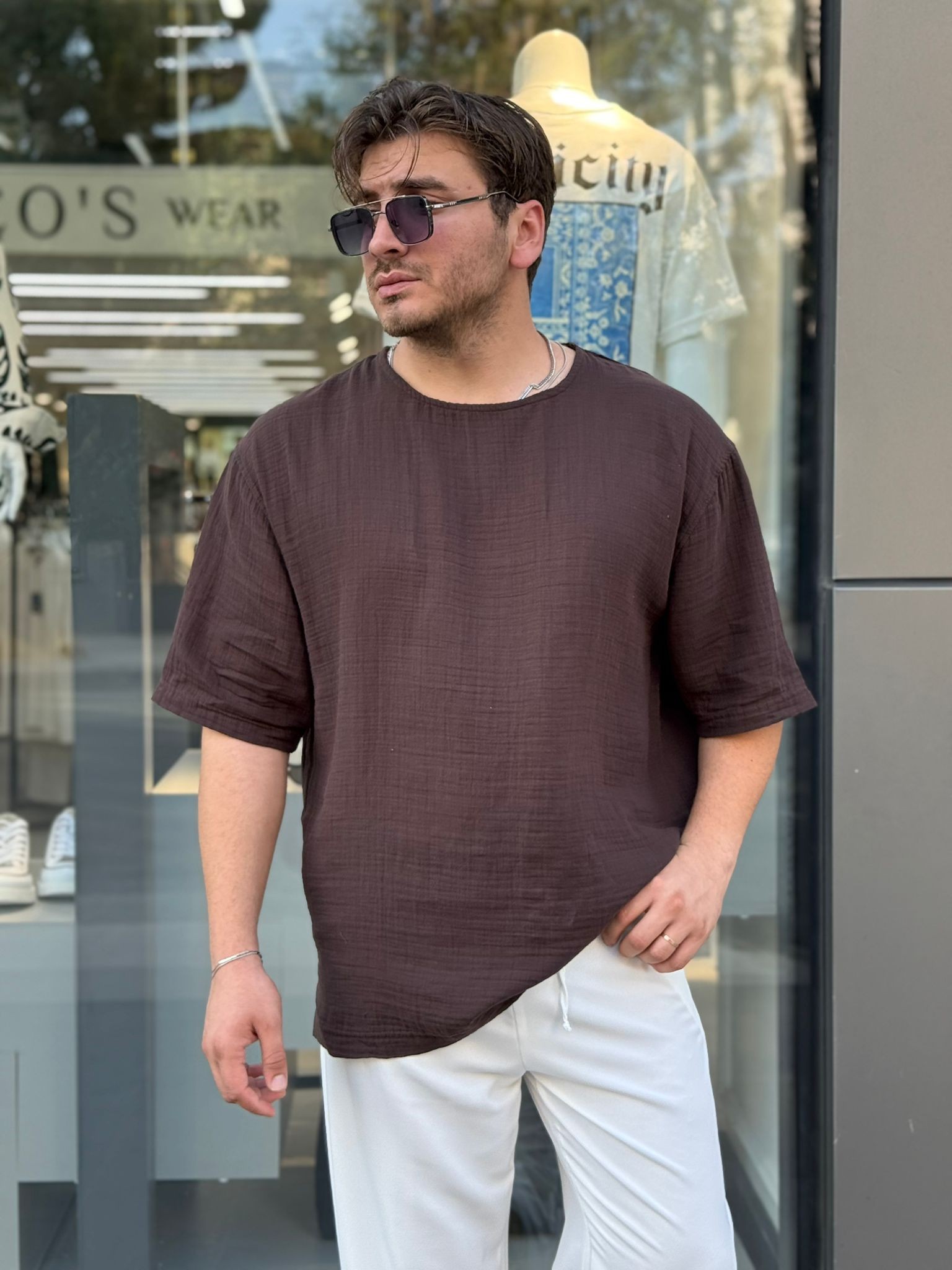 Müslin Kumaş Oversize Fakir Kol Tshirt - Kahve