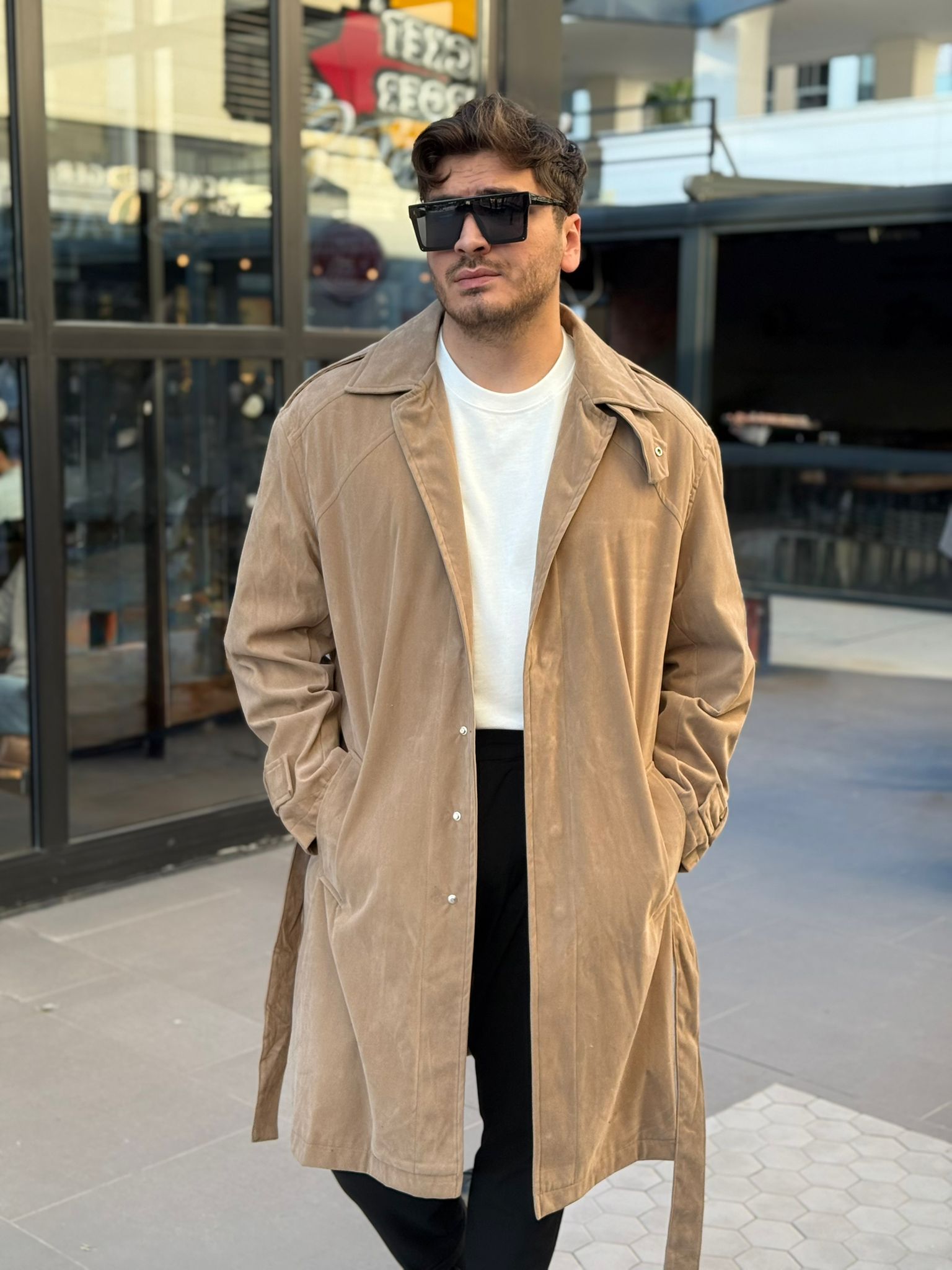 Süet Trençkot  - krem