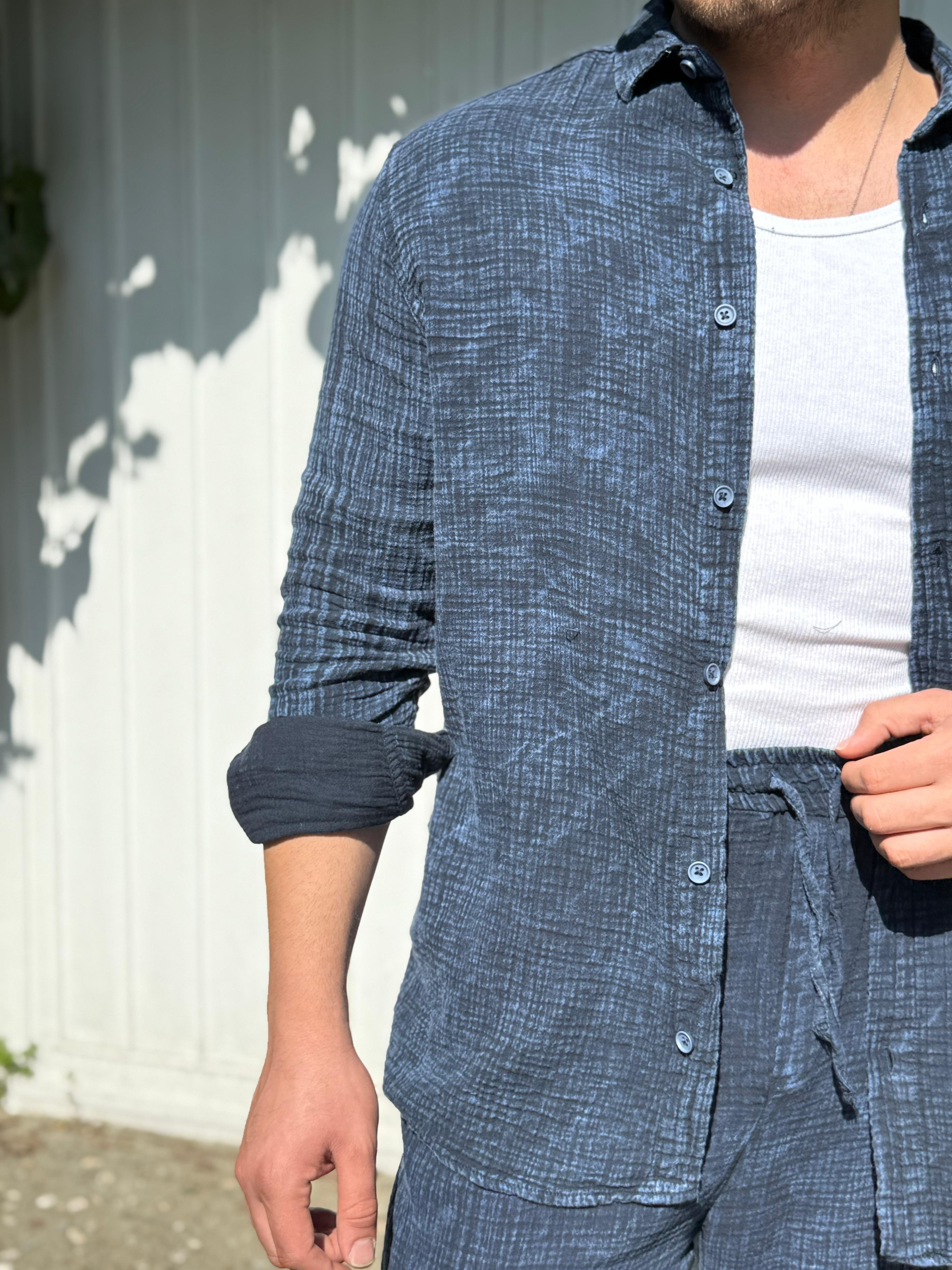 Yıkamalı Müslin Kumaş Oversize Takım - Lacivert