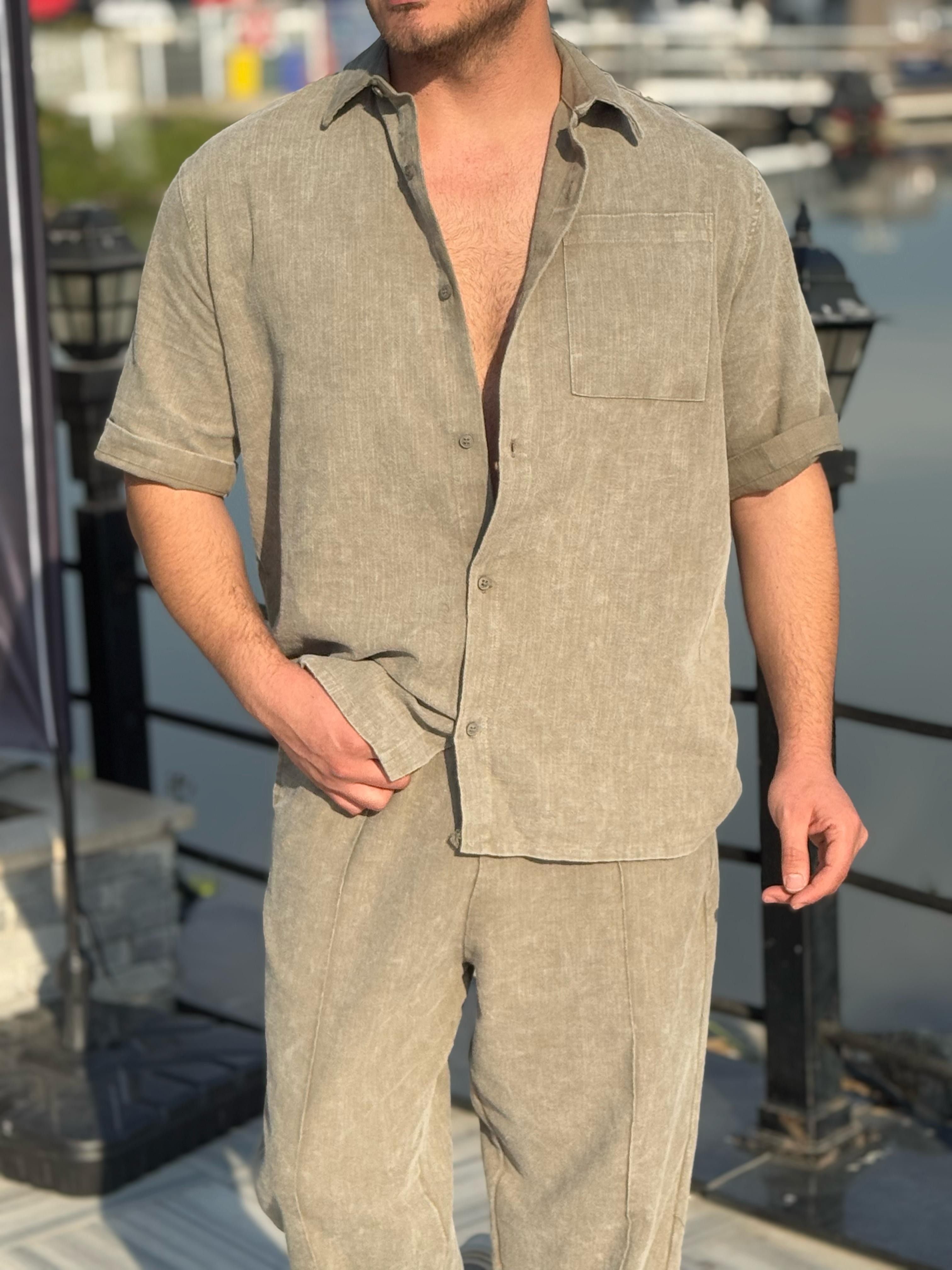 Yıkamalı Kumaş Oversize Cep Detaylı Keten Takım - haki yeşil