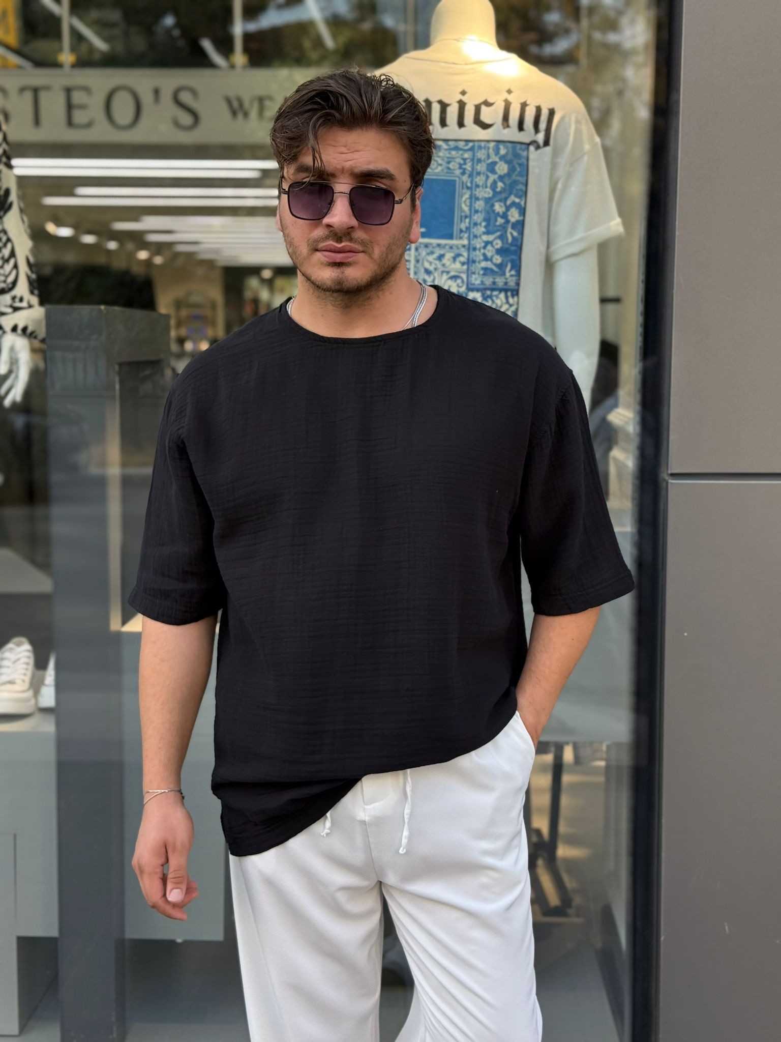 Müslin Kumaş Oversize Fakir Kol Tshirt - Siyah