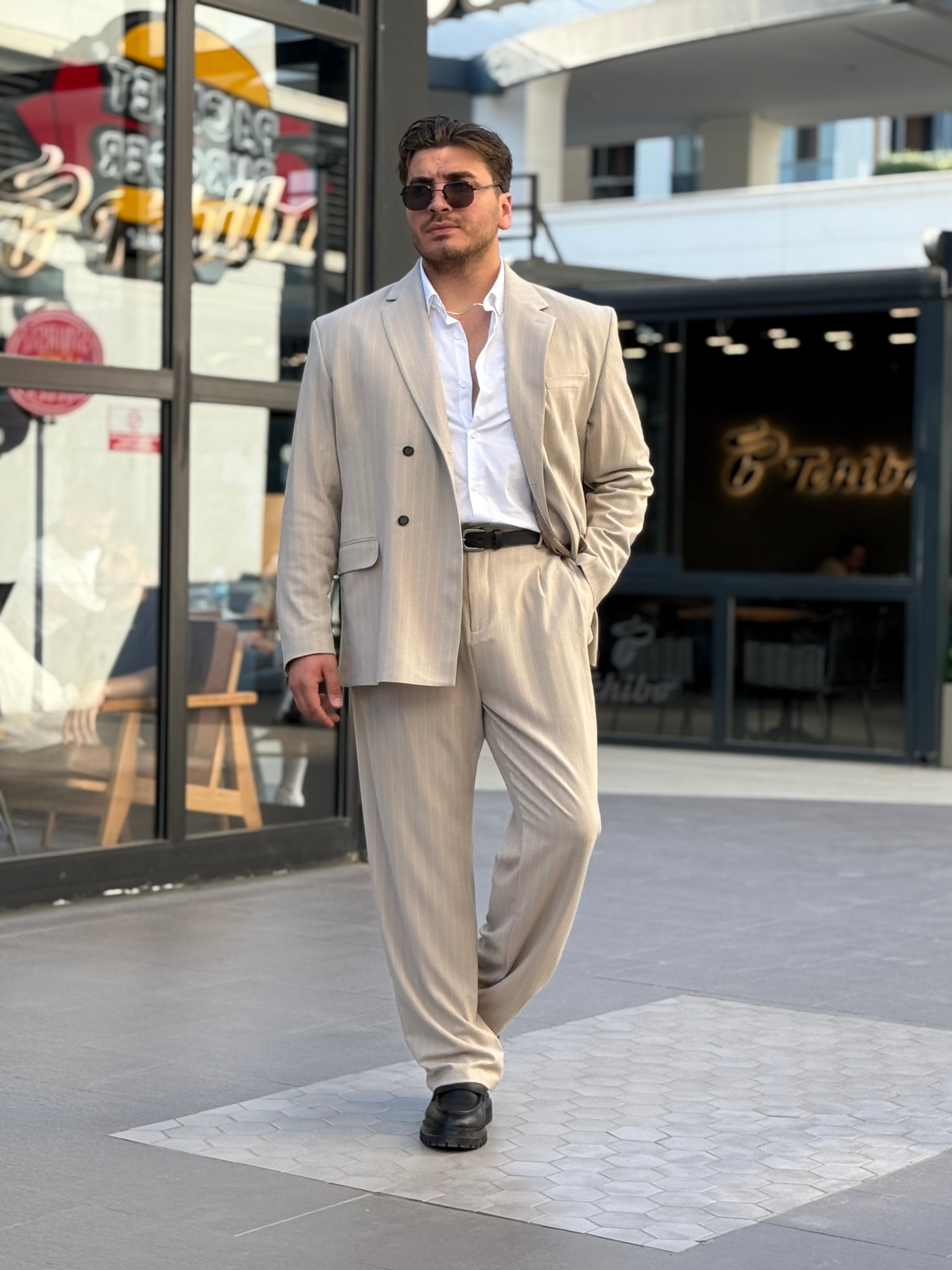 Çizgili Kruvaze Takım Elbise  - krem
