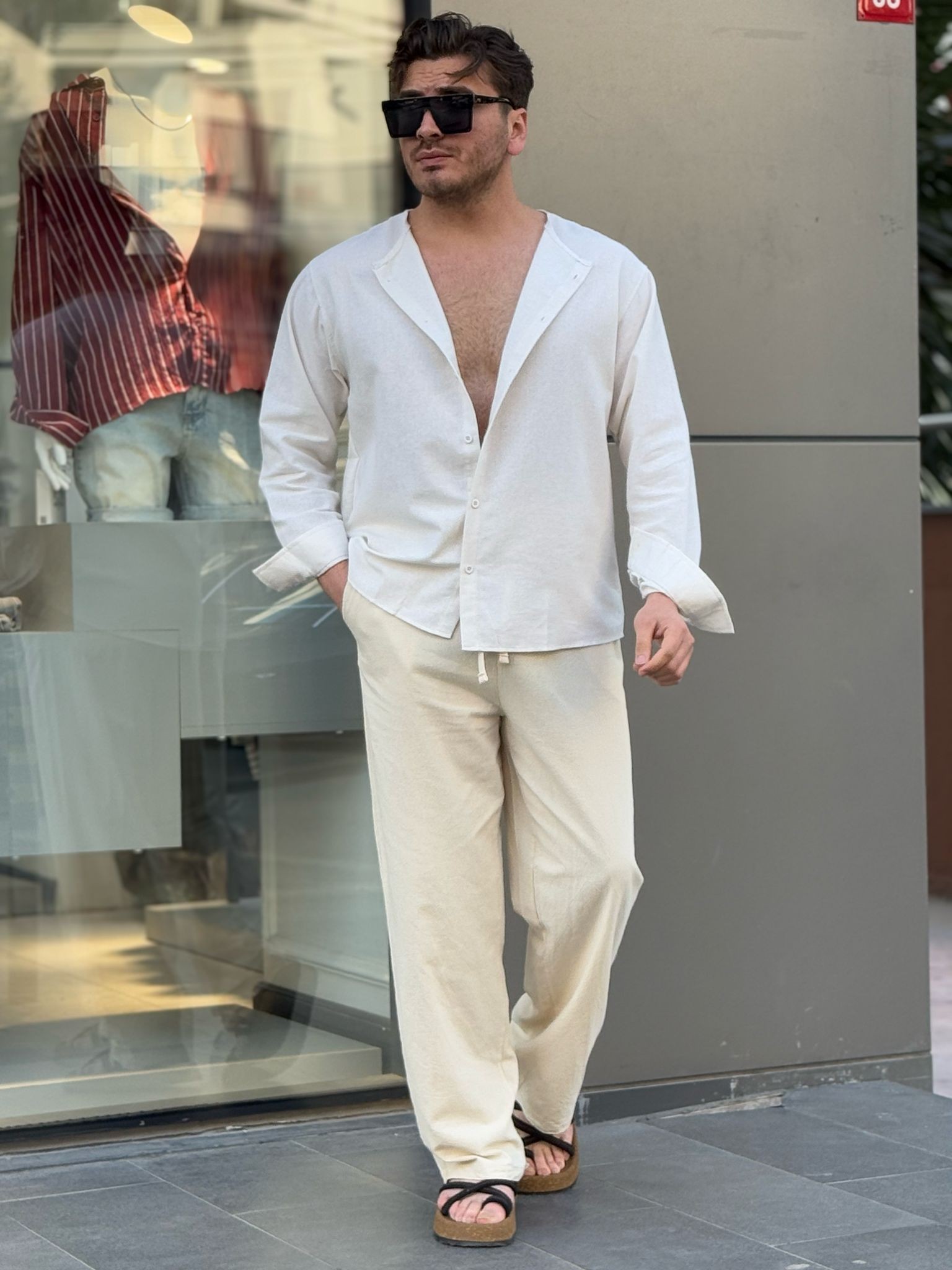 Hakim Yaka Oversize Gömlek Keten - krem