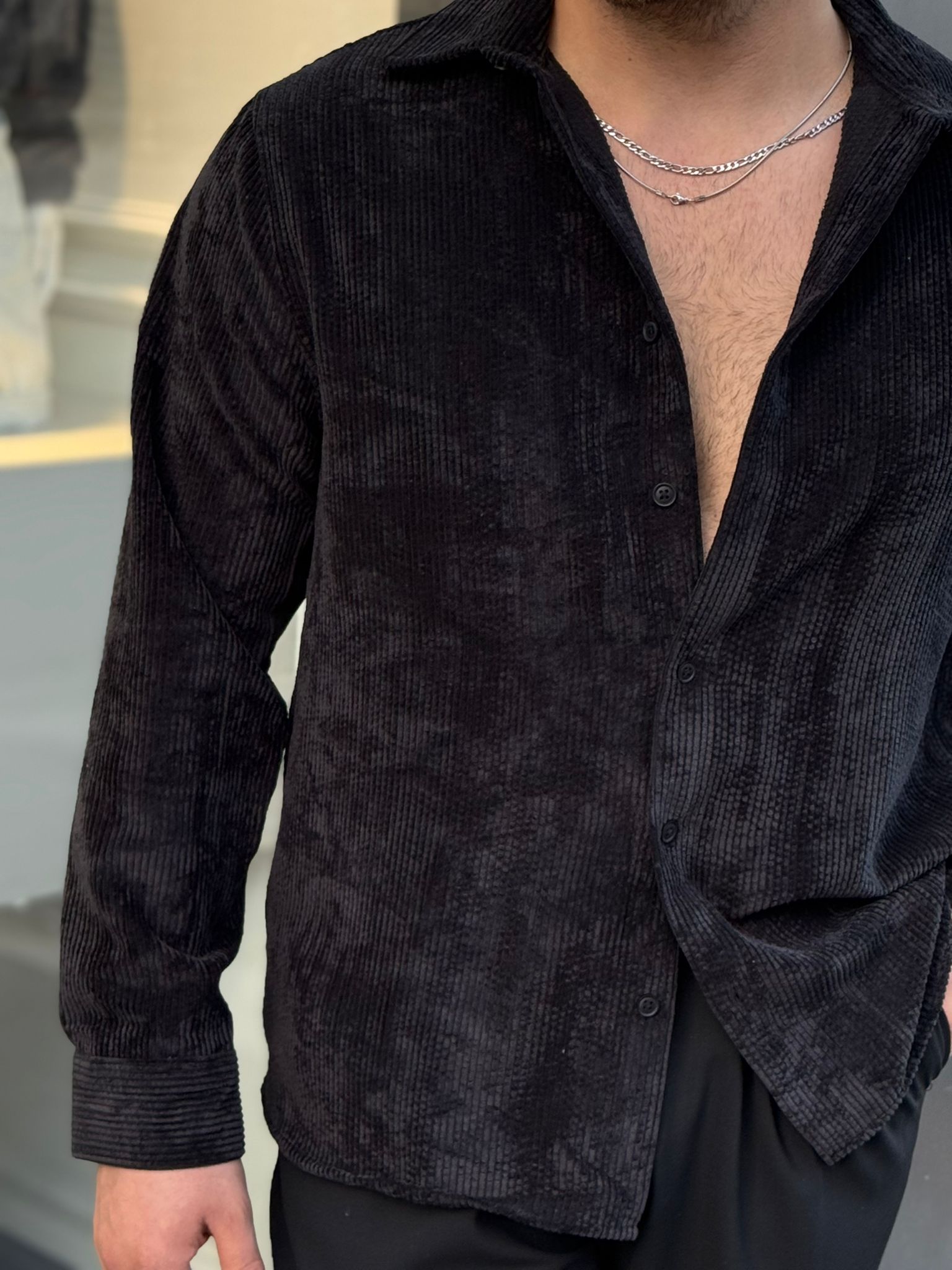 Kadife Oversize Gömlek - Siyah