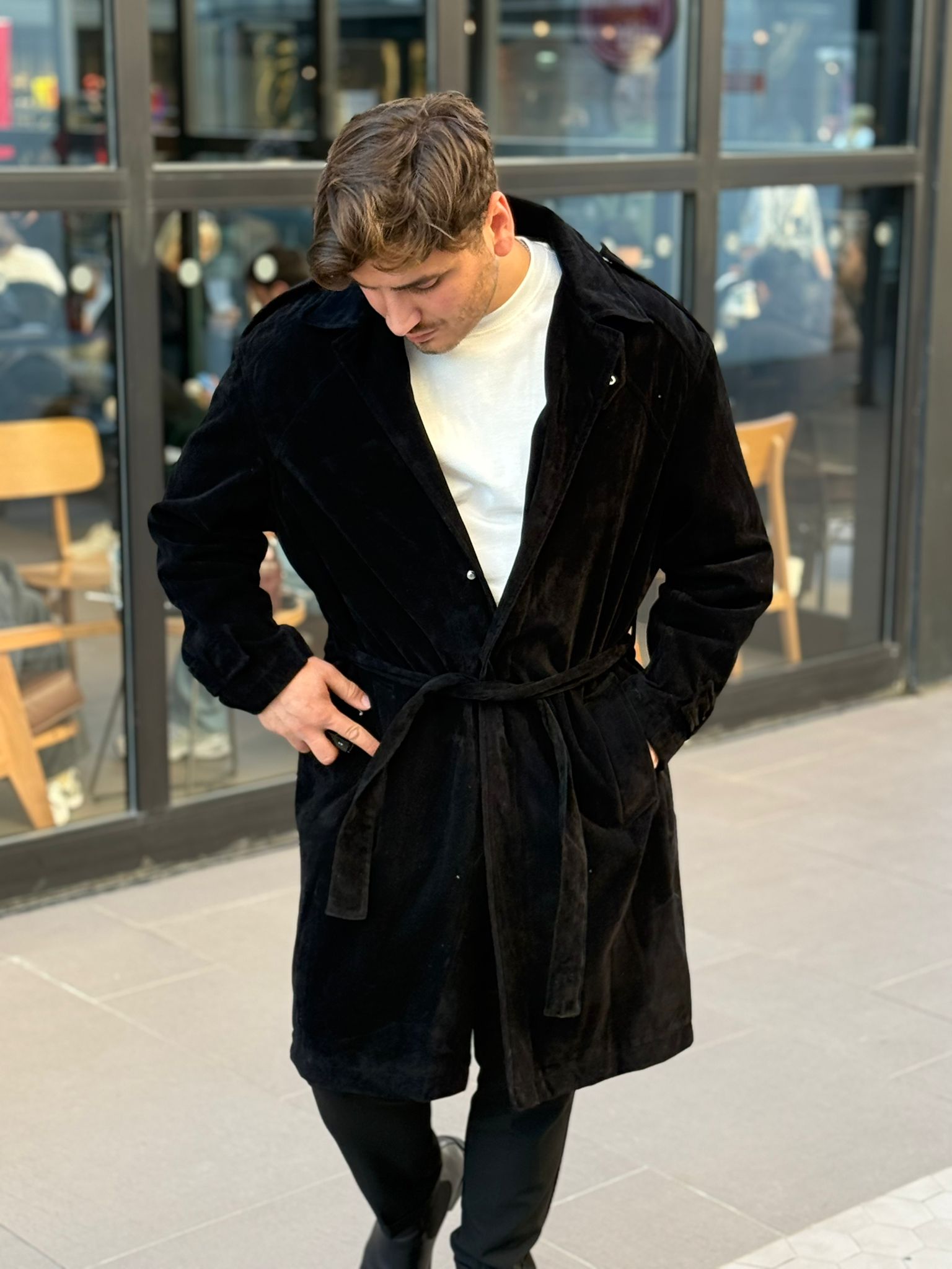 Süet Trençkot  - Siyah