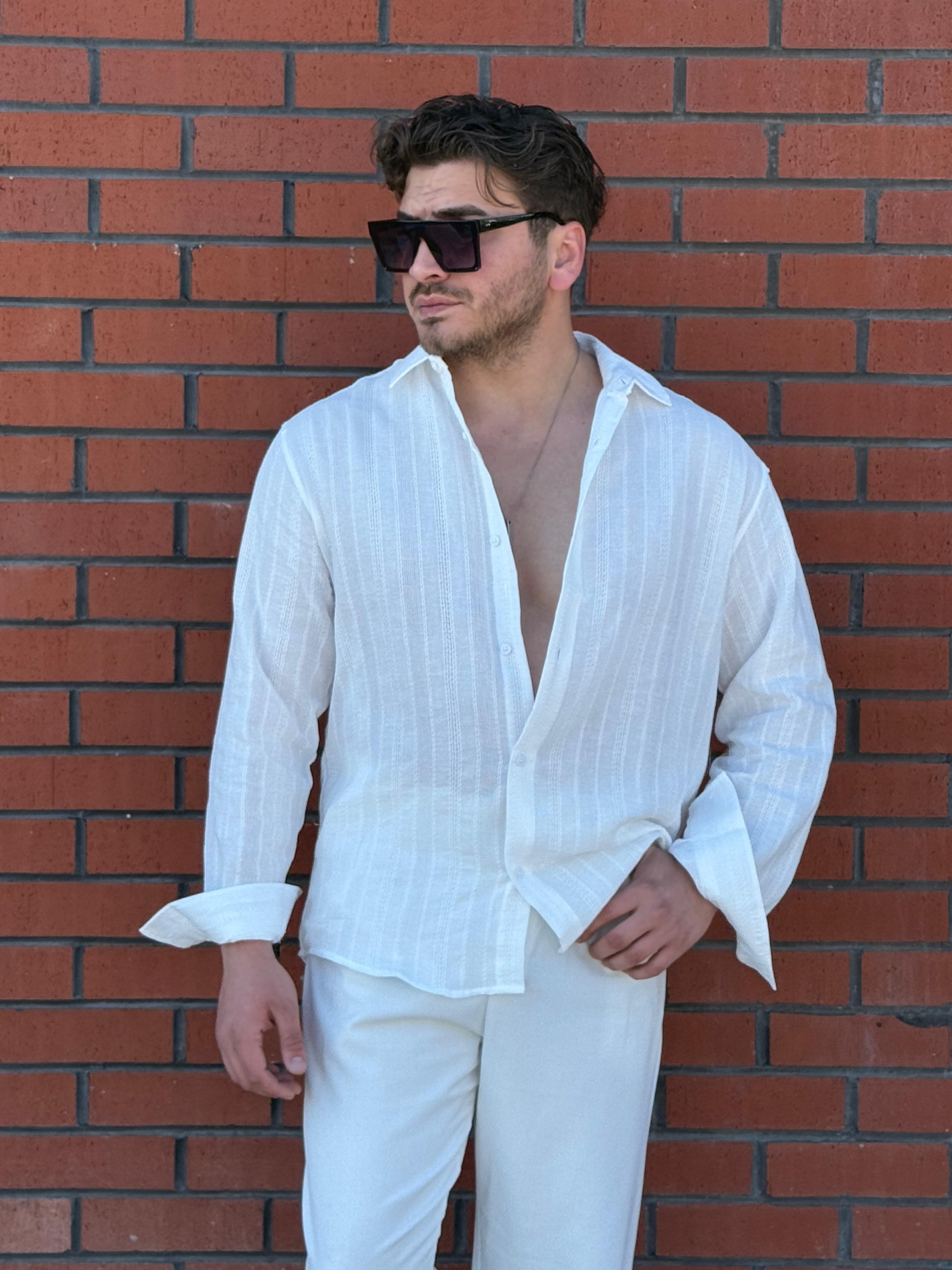 Şerit Detaylı Oversize Gömlek - Beyaz