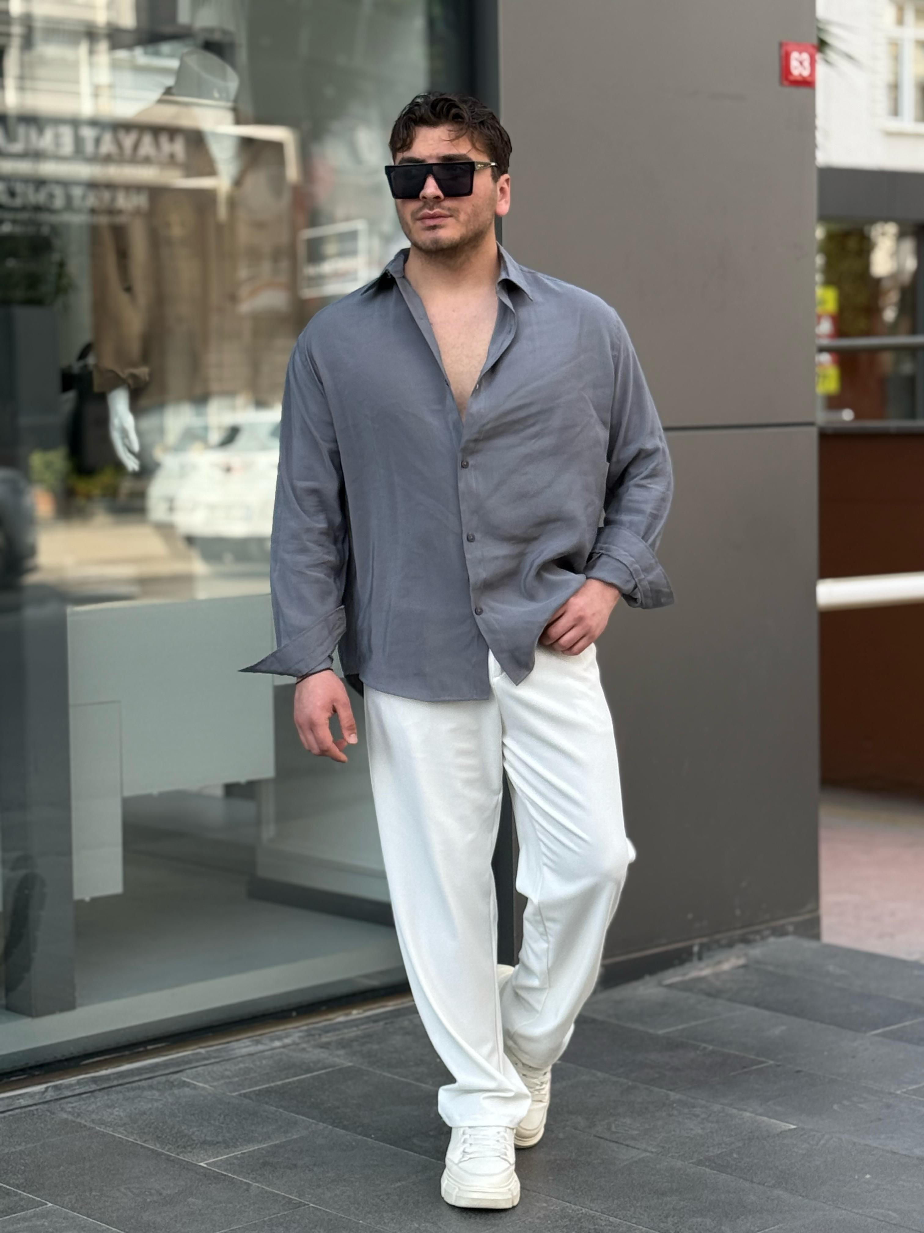 Tensel Kumaş Oversize Gömlek - Gri
