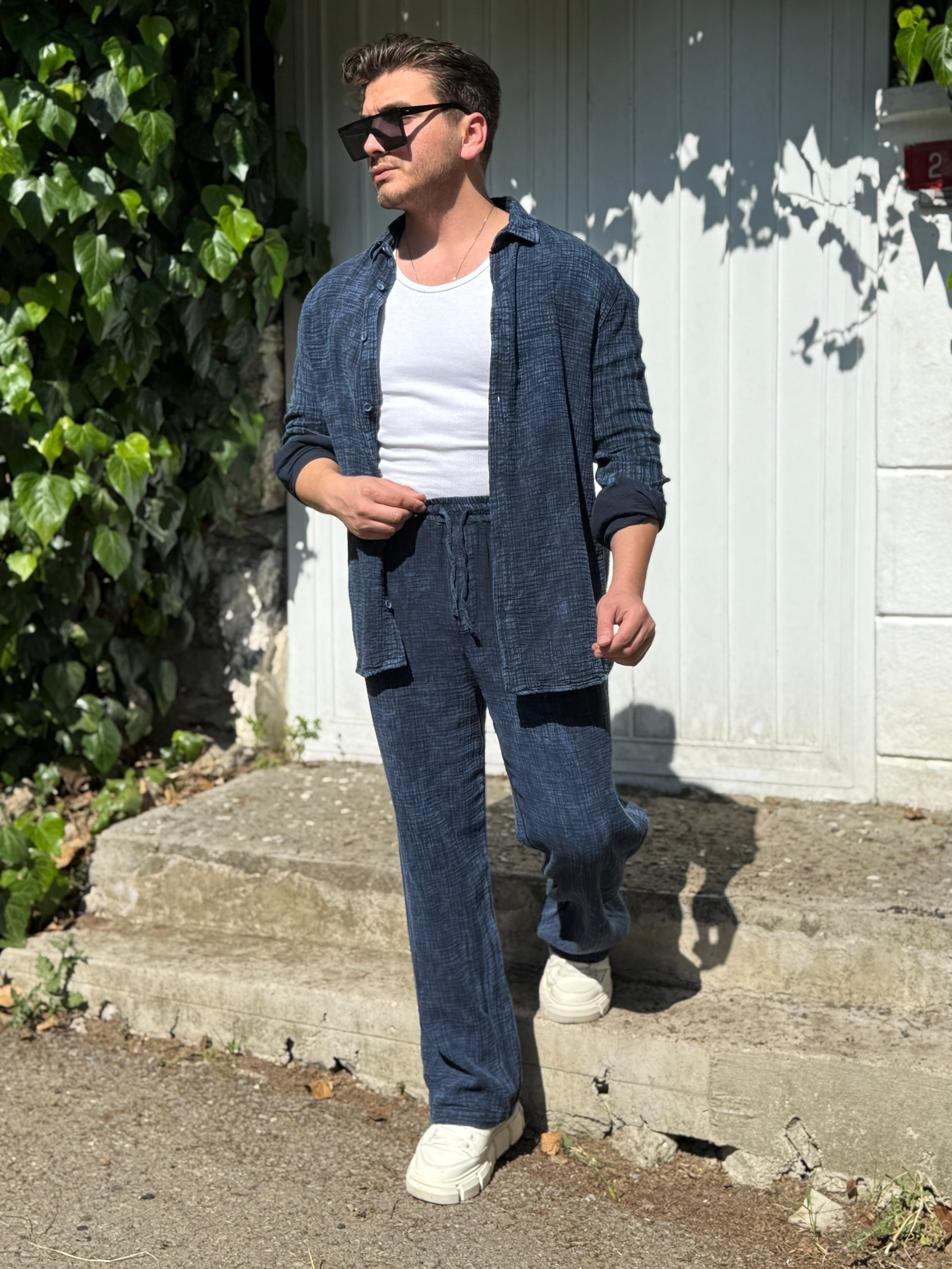 Yıkamalı Müslin Kumaş Oversize Takım - Lacivert