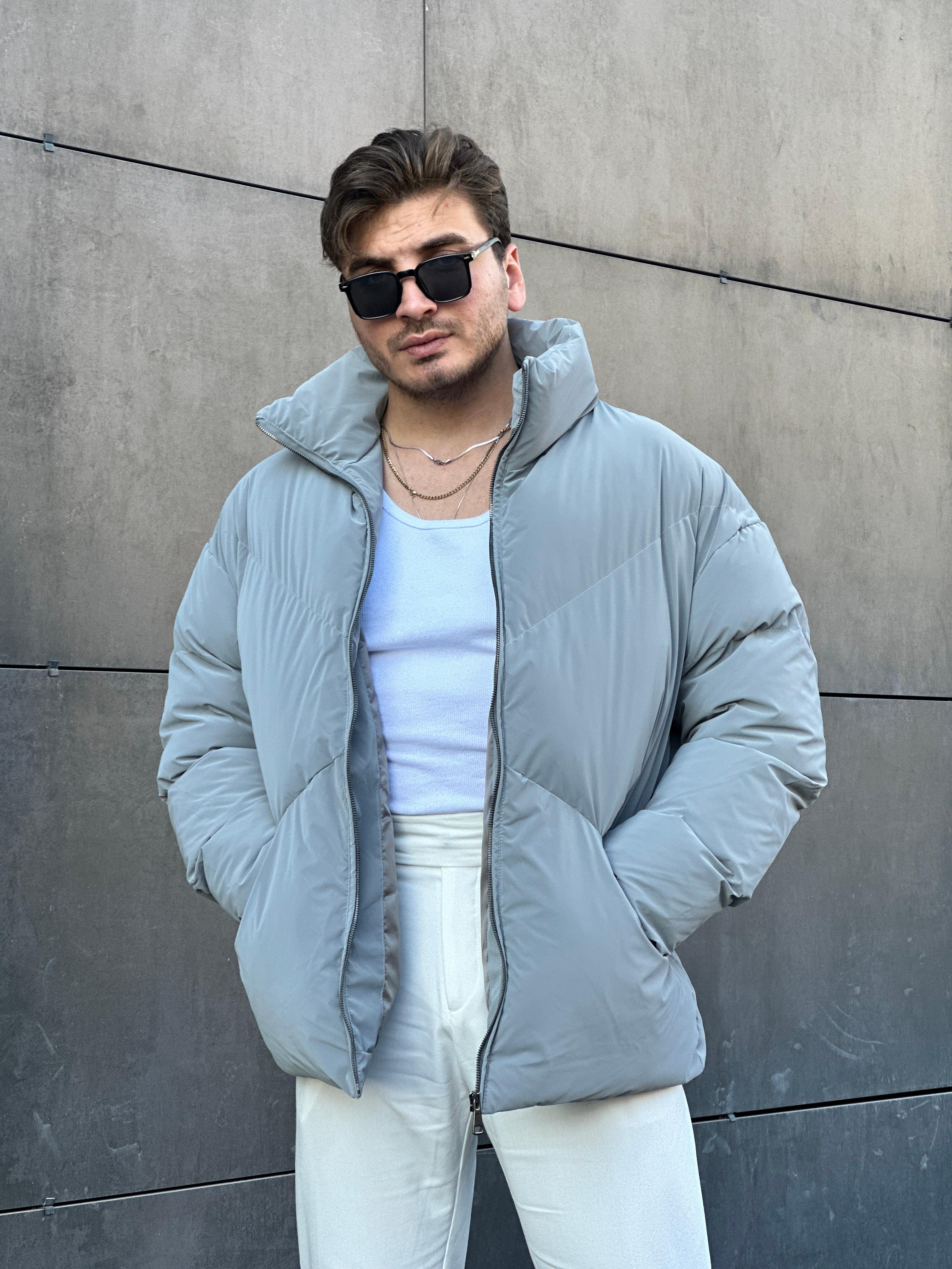 Premium Kumaş Oversize Şişme Mont  - Gri