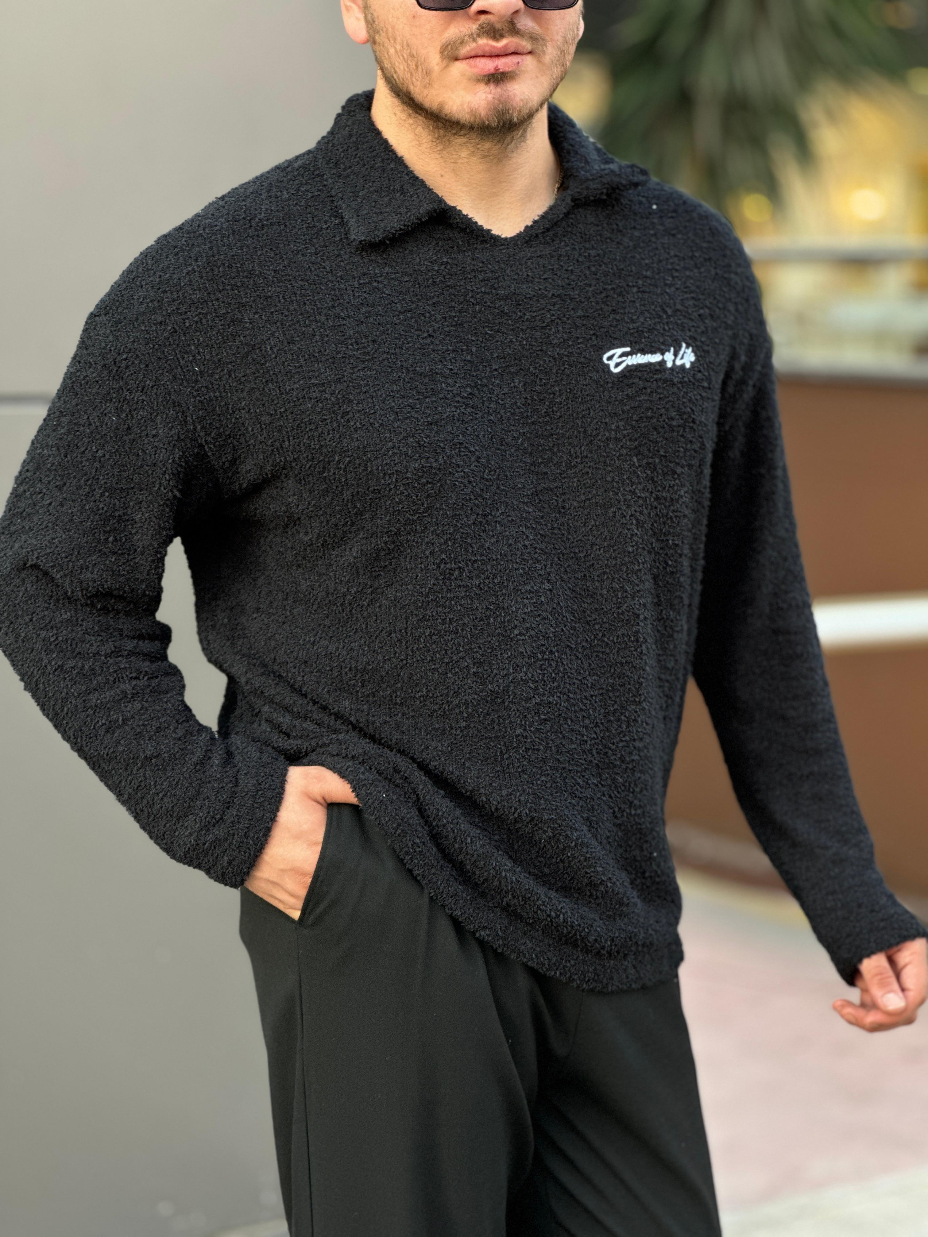 Minimal Baskılı Polo Yaka Peluş Sweat  - Siyah