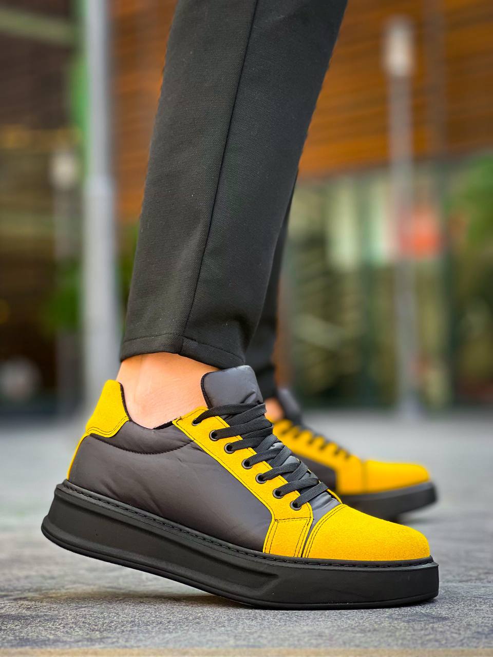 KB-X46 Kuback Siyah Sarı Yüksek Siyah Taban Günlük Spor Ayakkabı