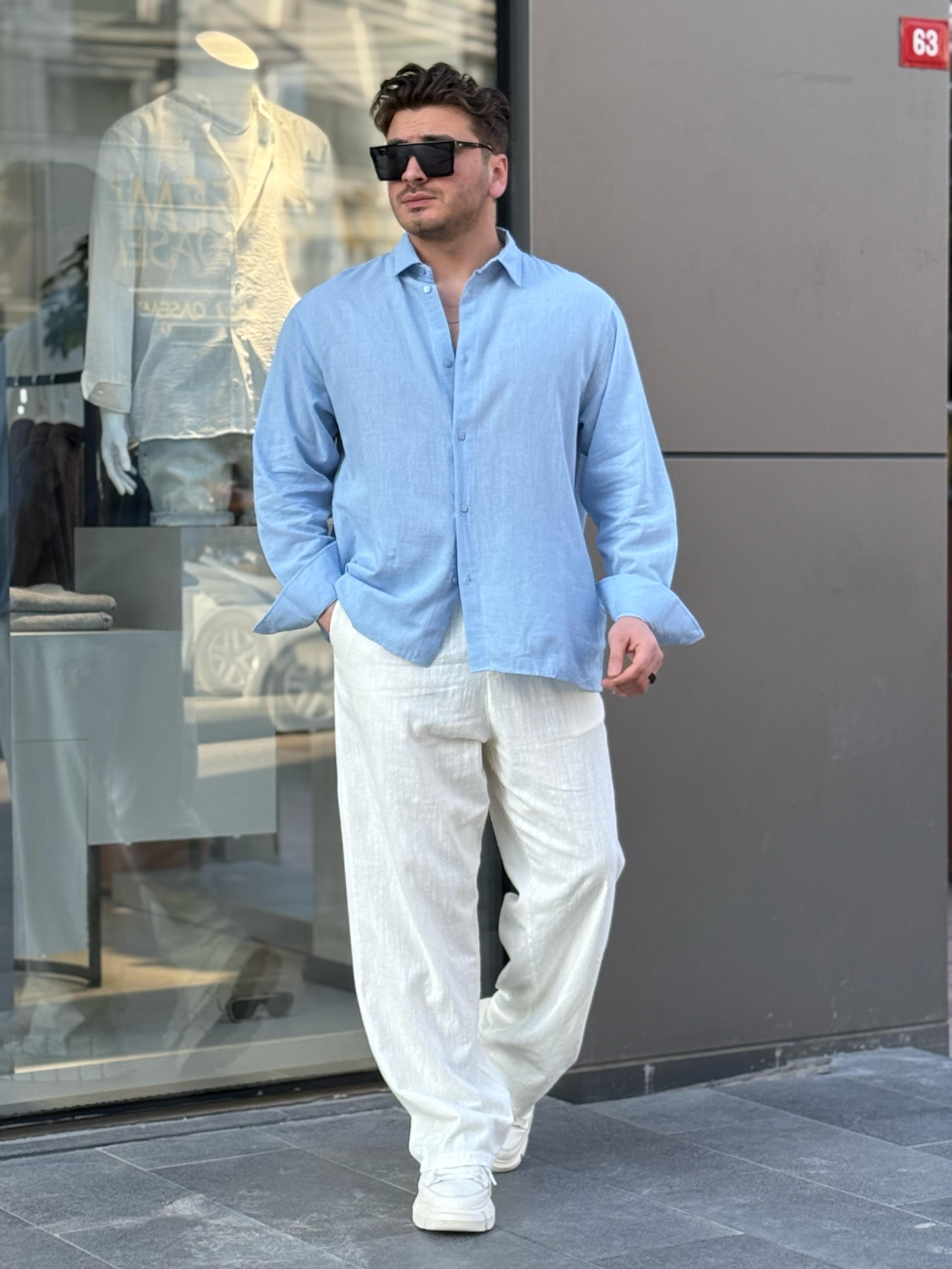Keten Kumaş Oversize Gömlek - bebe mavisi