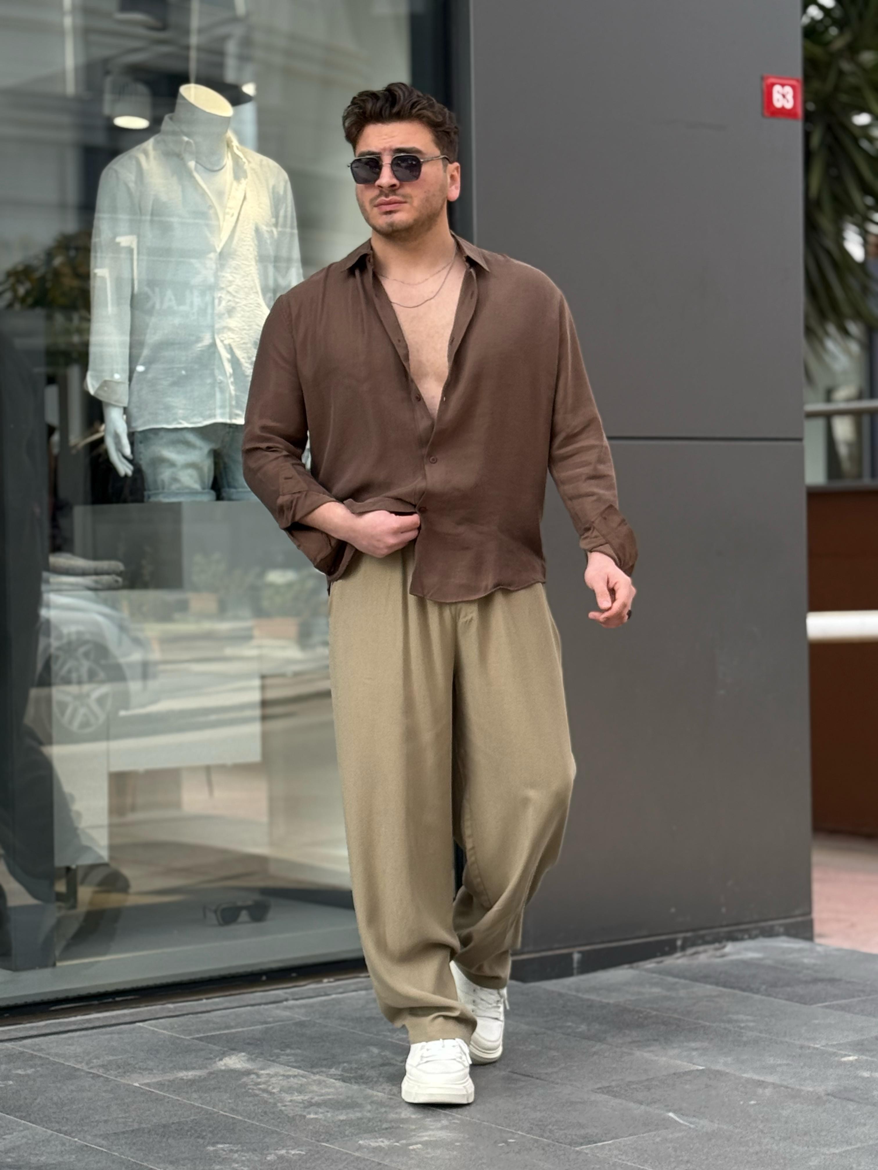 Tensel Kumaş Oversize Gömlek - Kahve
