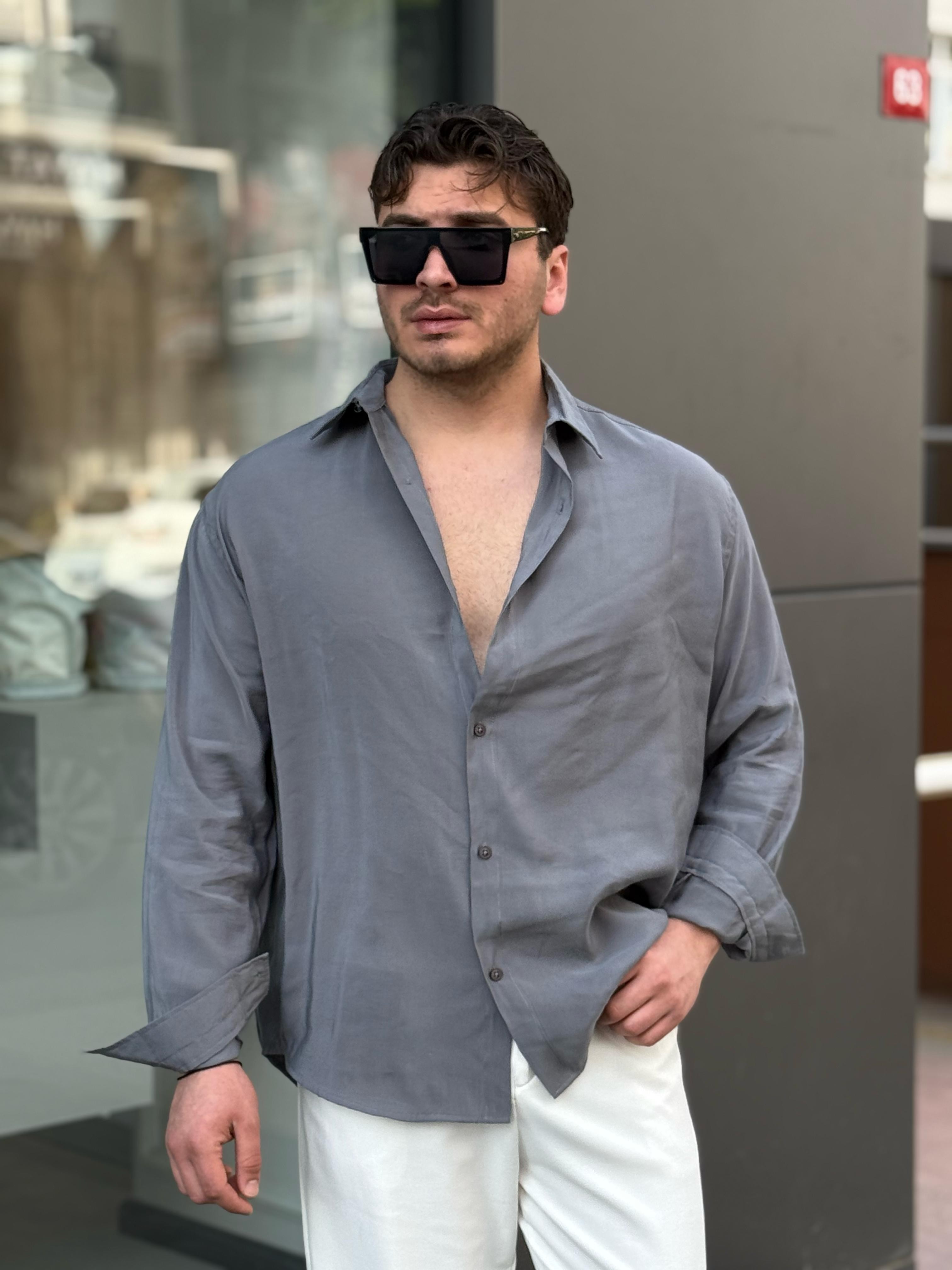 Tensel Kumaş Oversize Gömlek - Gri