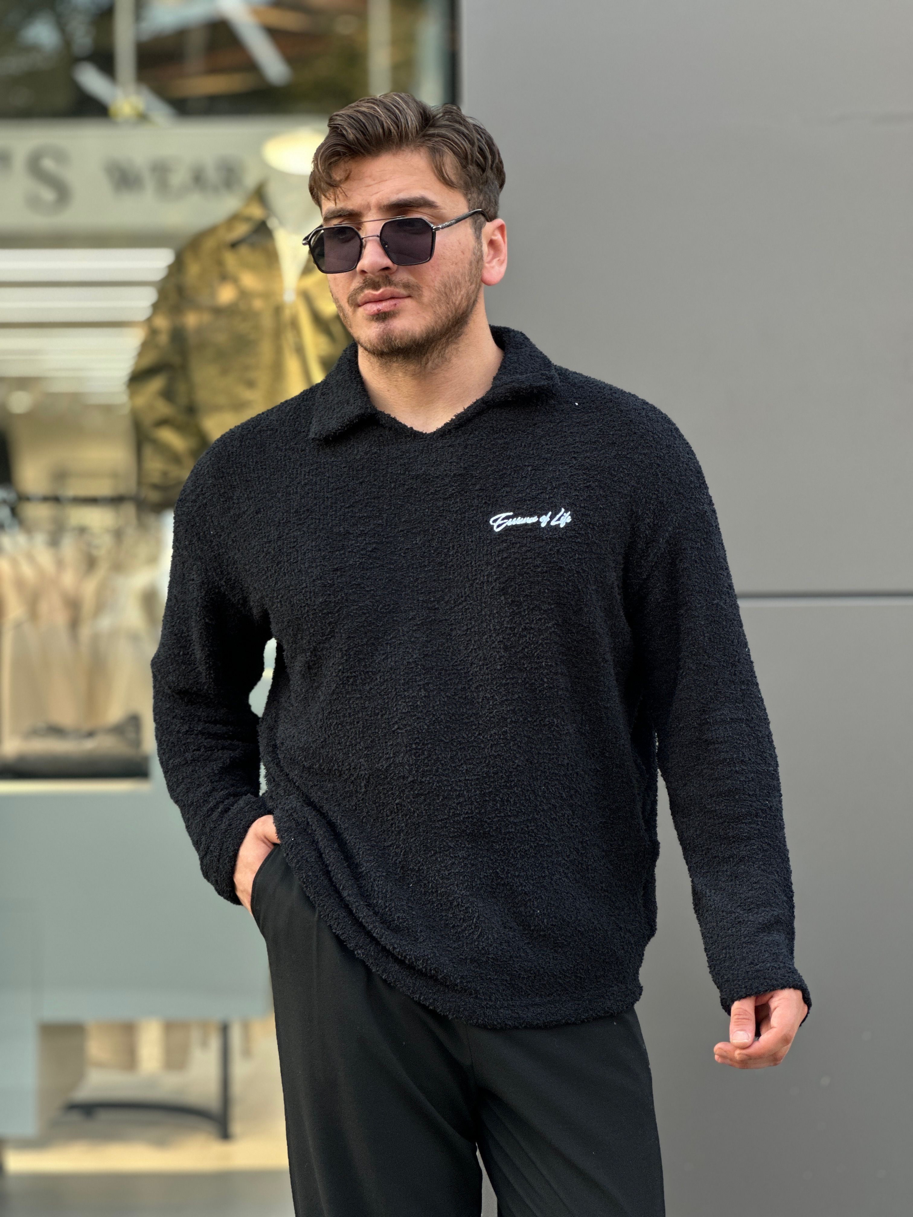 Minimal Baskılı Polo Yaka Peluş Sweat  - Siyah