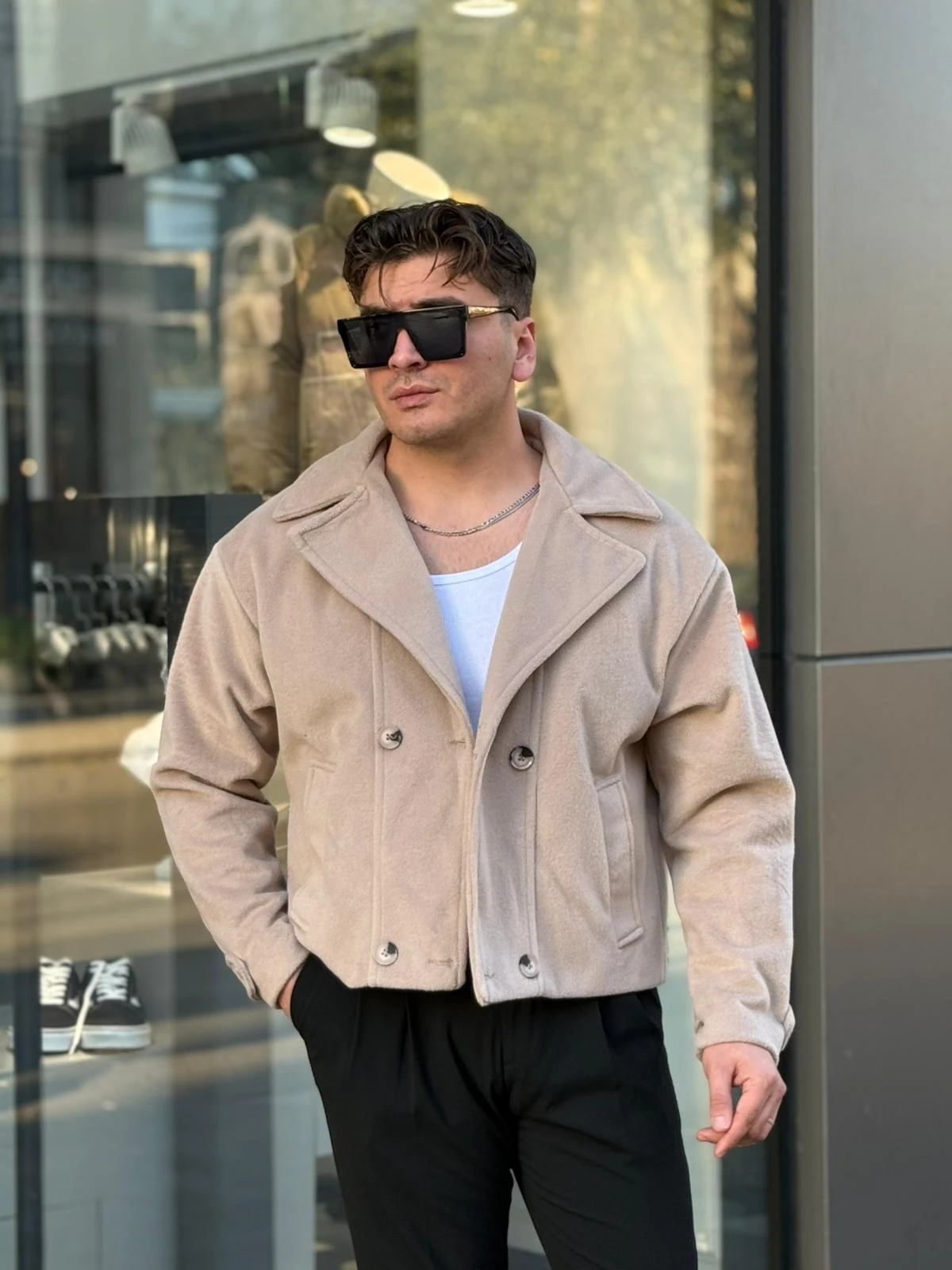 Kaşe Kruvaze Ceket  - krem