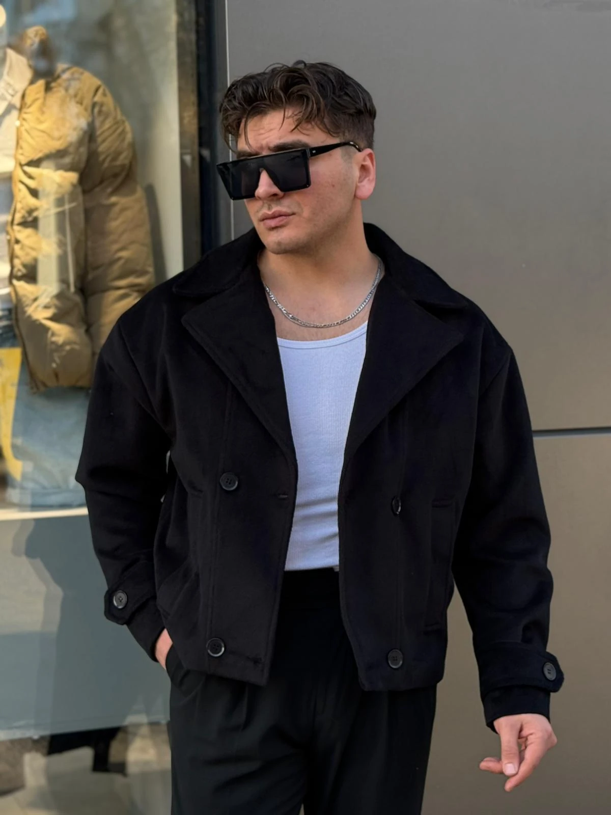 Kaşe Kruvaze Ceket  - Siyah