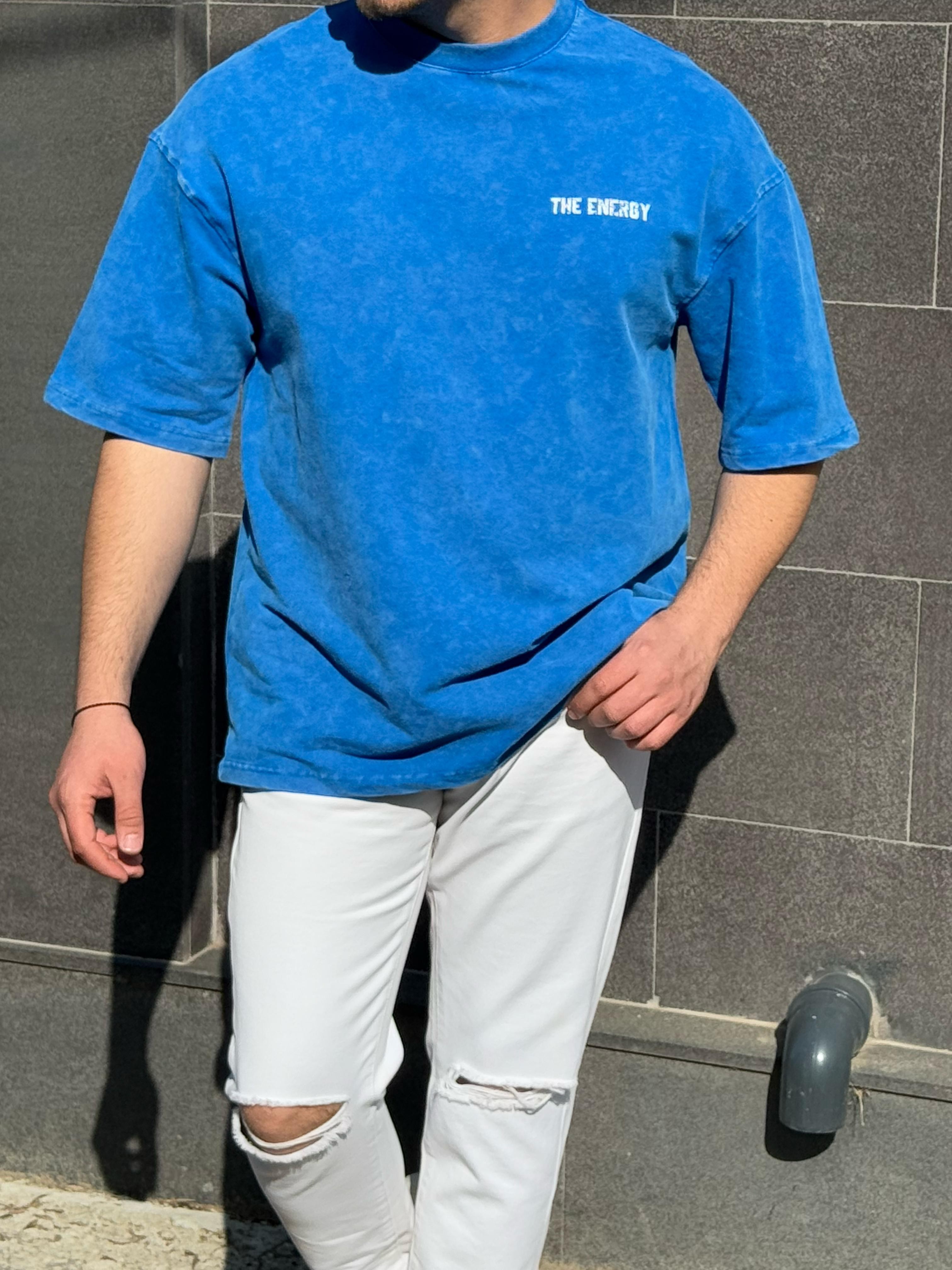 Arka Baskılı Oversize Tshirt - Mavi