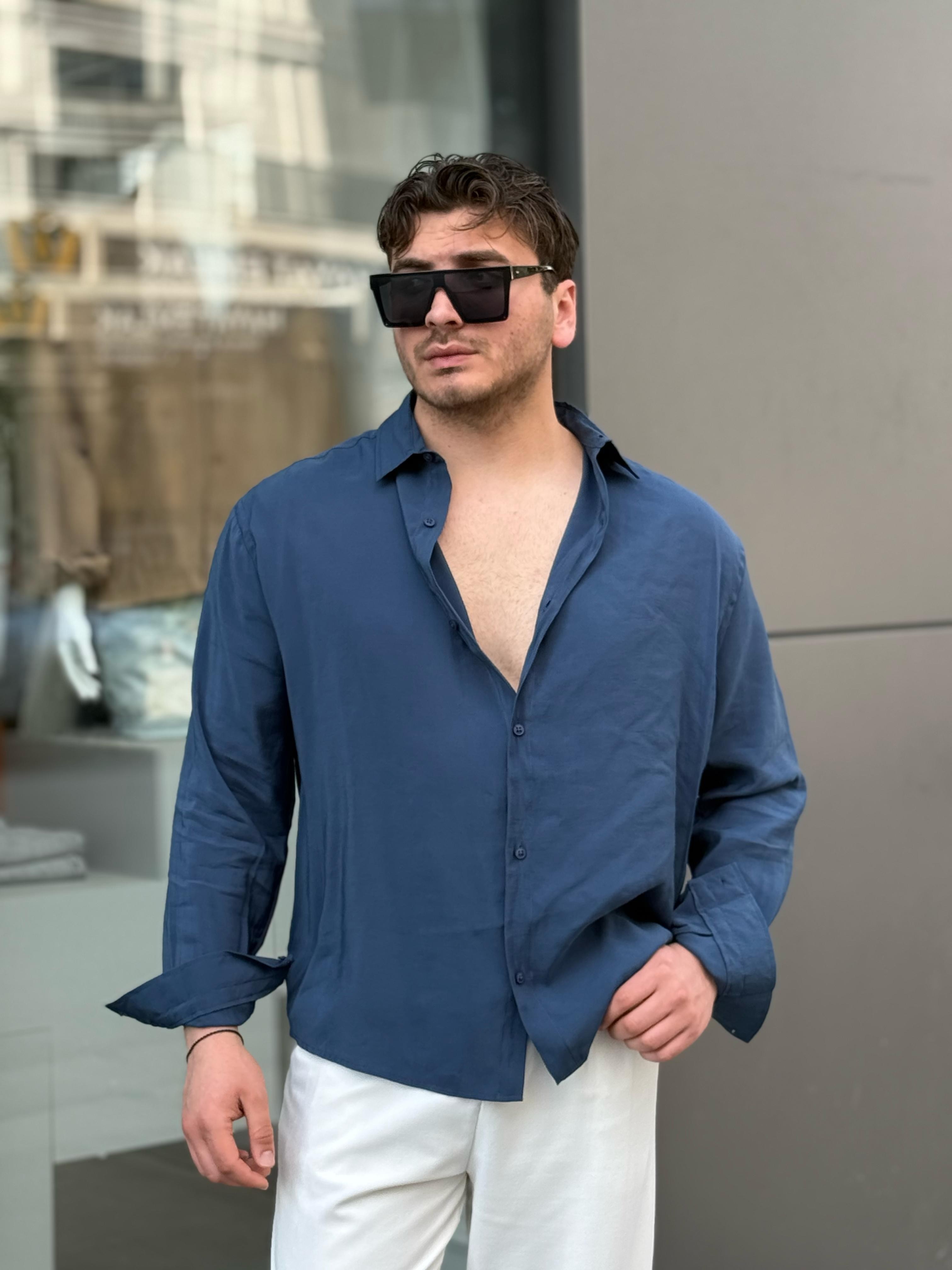 Tensel Kumaş Oversize Gömlek - Lacivert