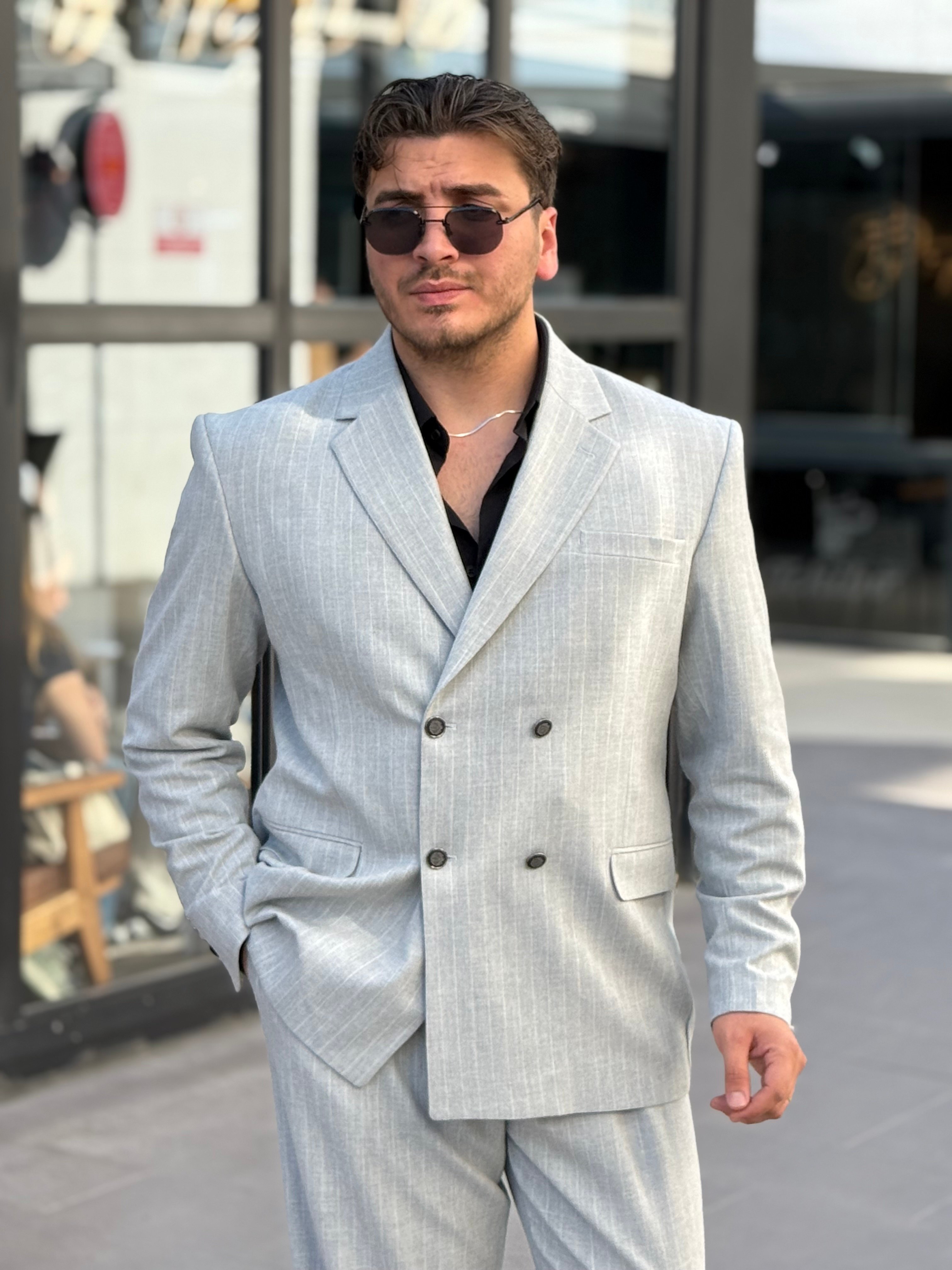 Çizgili Kruvaze Takım Elbise  - Gri