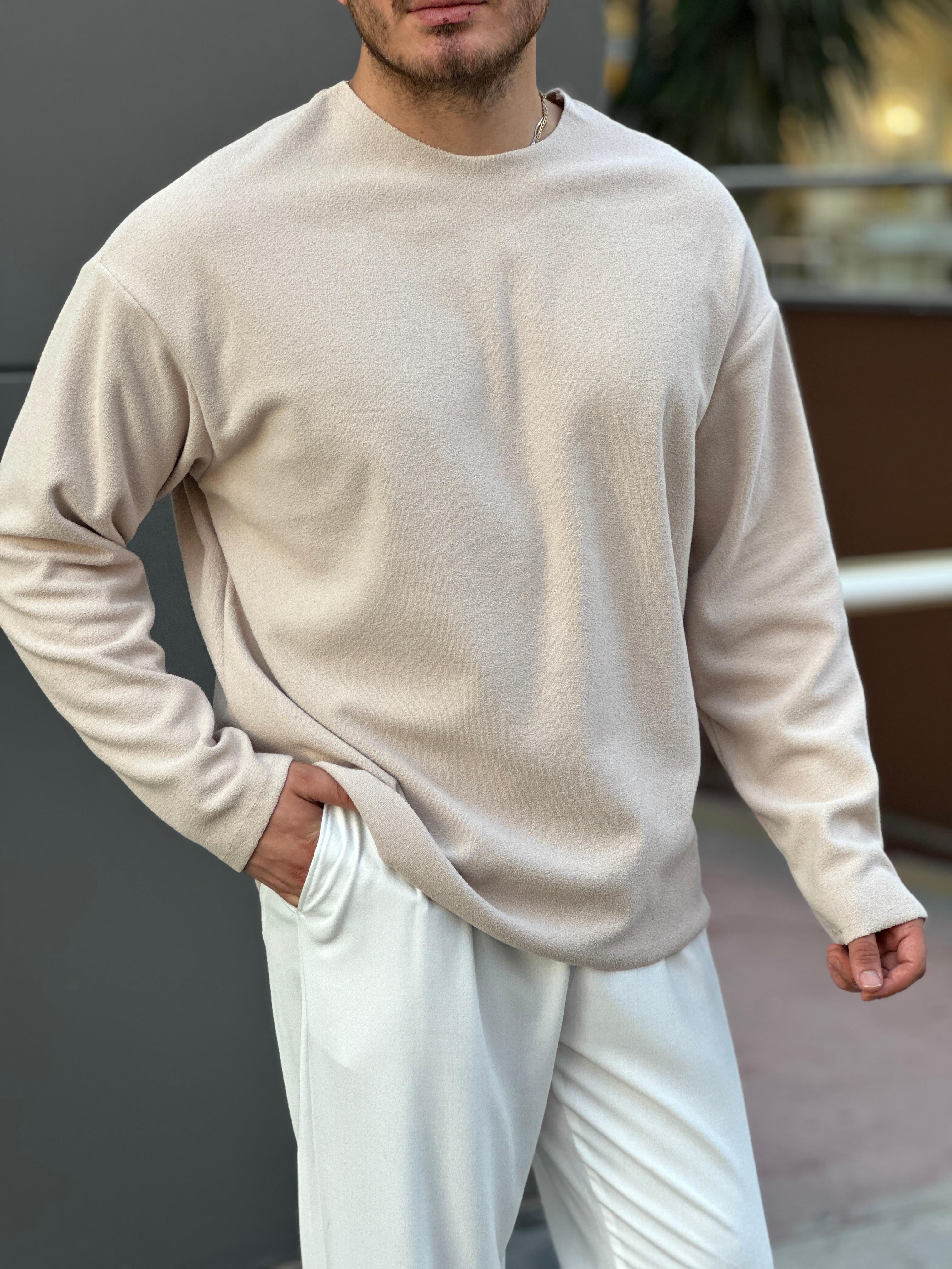 Bisiklet Yaka Basic Sweat  - krem