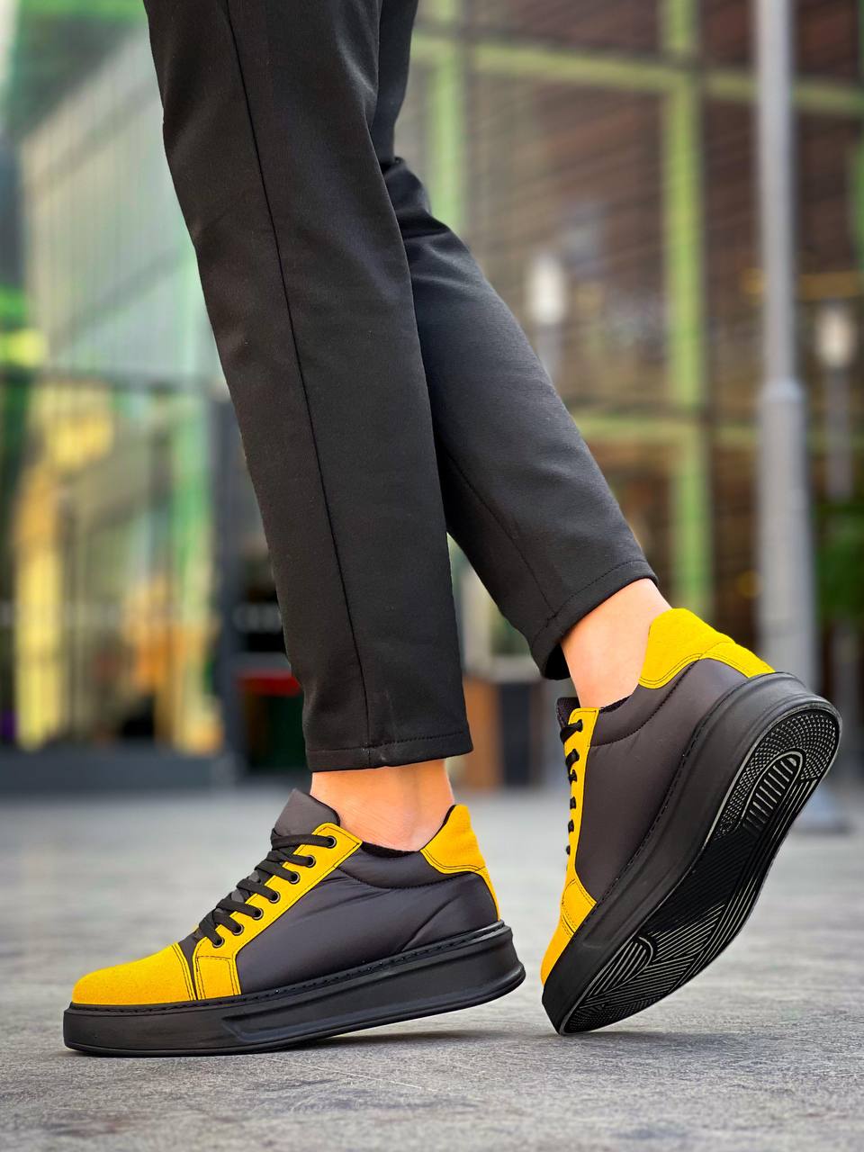 KB-X46 Kuback Siyah Sarı Yüksek Siyah Taban Günlük Spor Ayakkabı