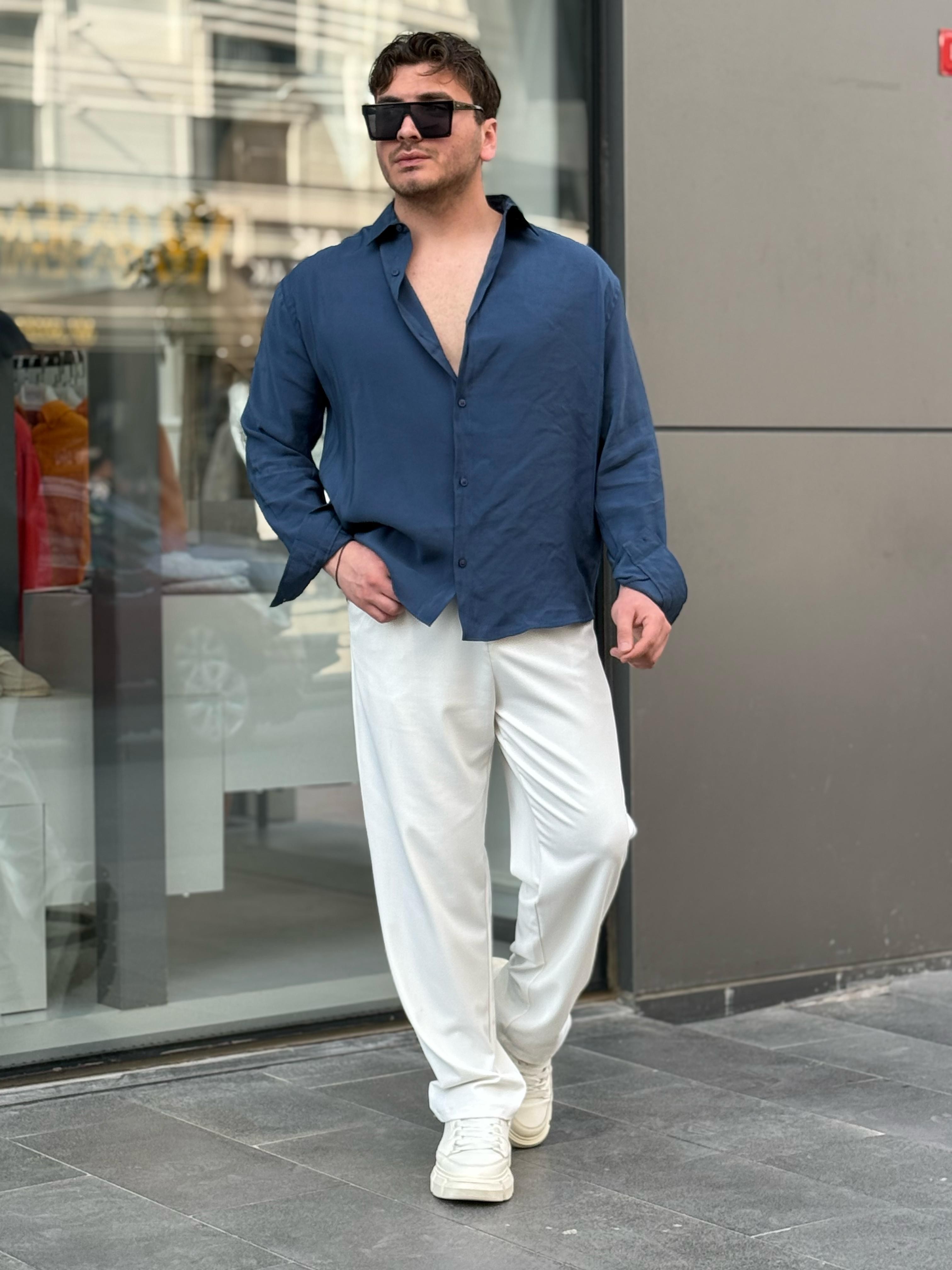Tensel Kumaş Oversize Gömlek - Lacivert