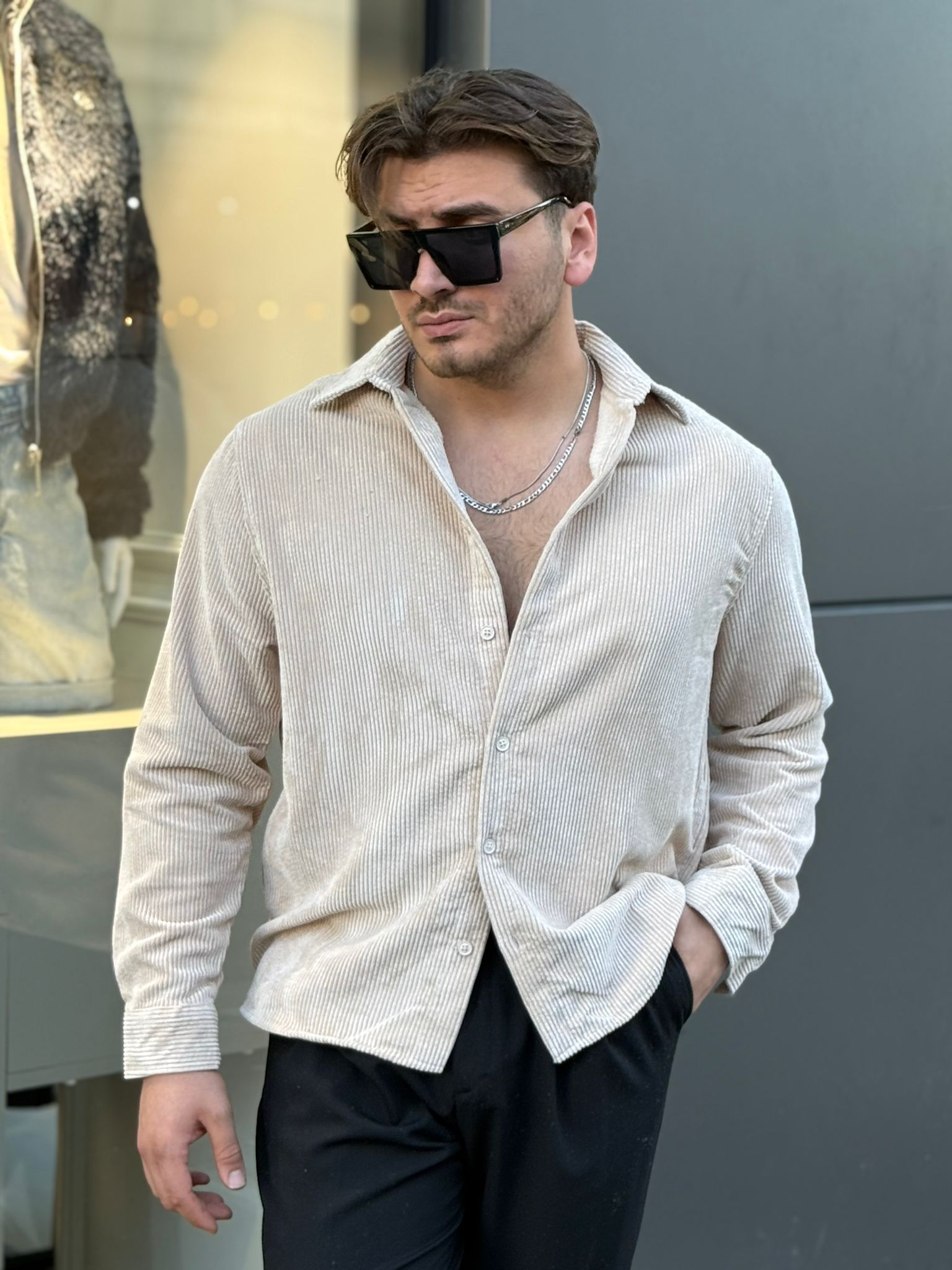 Kadife Oversize Gömlek - krem