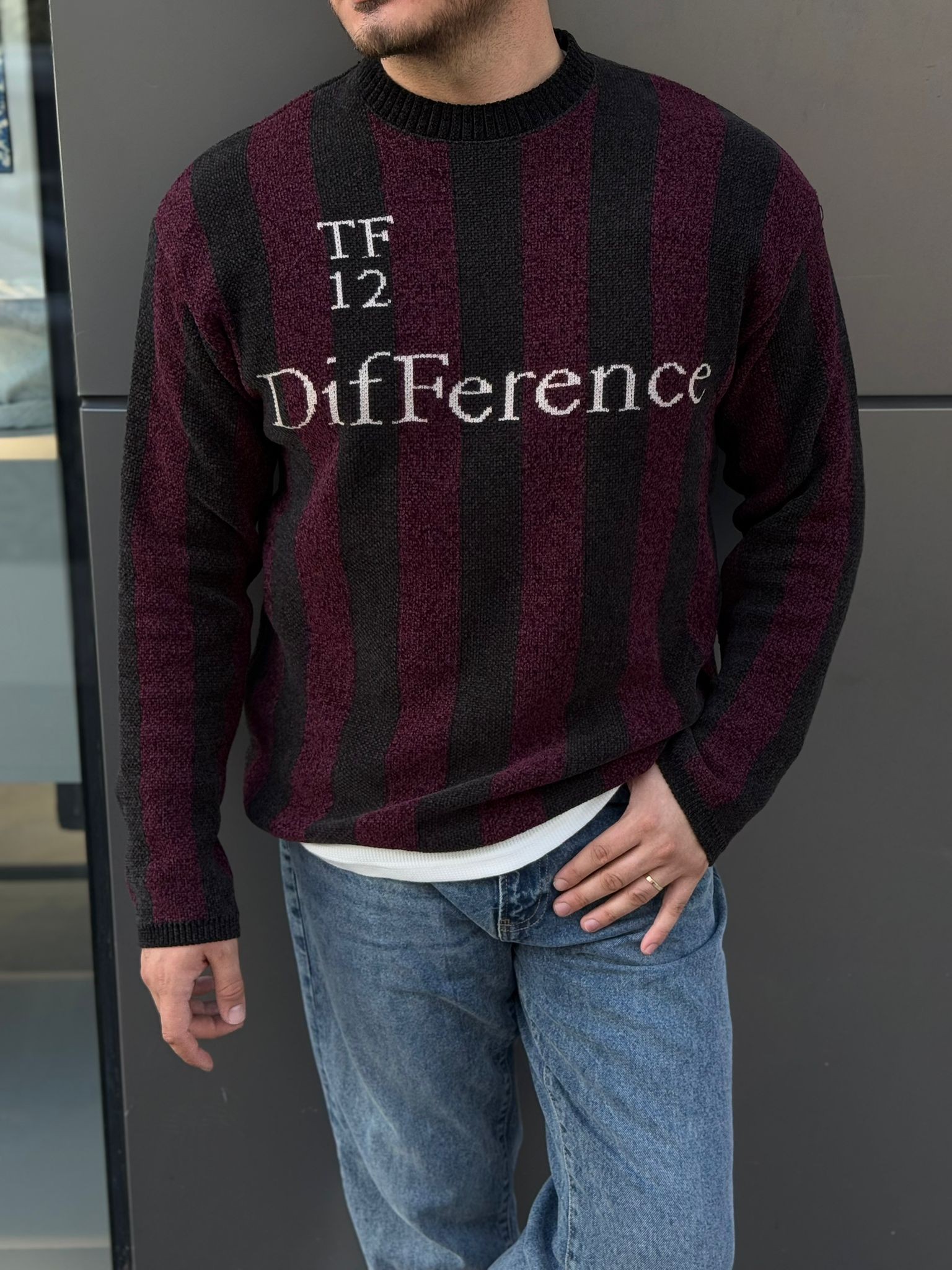 Çizgili Baskı Detaylı Sweatshirt - Bordo
