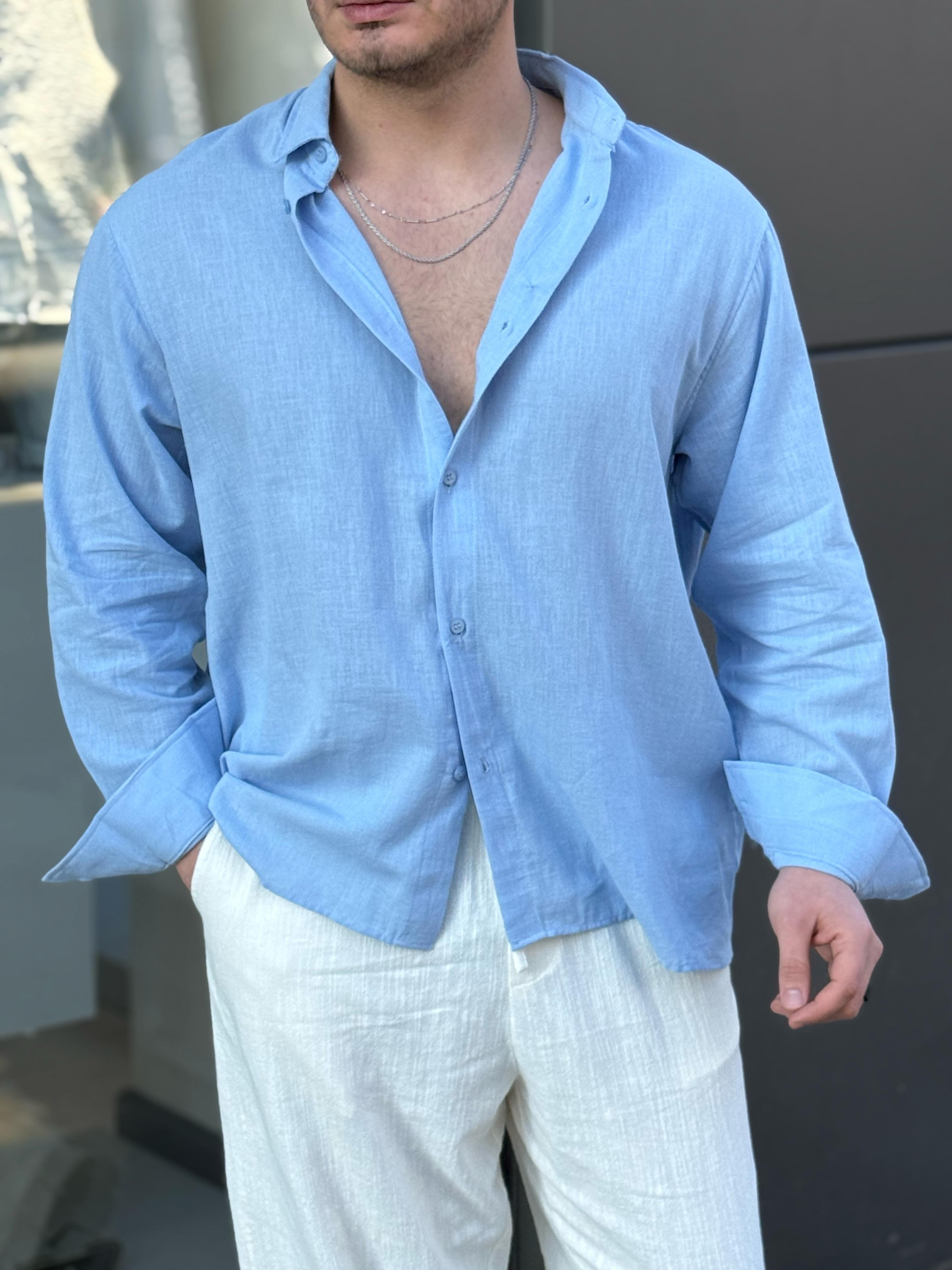 Keten Kumaş Oversize Gömlek - bebe mavisi