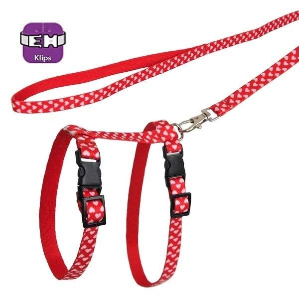 Dalis Kırmızı Beyaz Kalp Desenli Ayarlanabilir Kedi Göğüs Tasma Seti