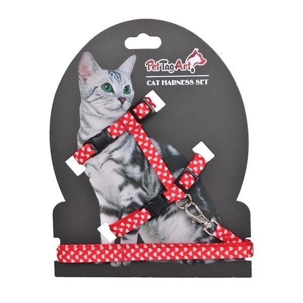 Dalis Kırmızı Beyaz Kalp Desenli Ayarlanabilir Kedi Göğüs Tasma Seti