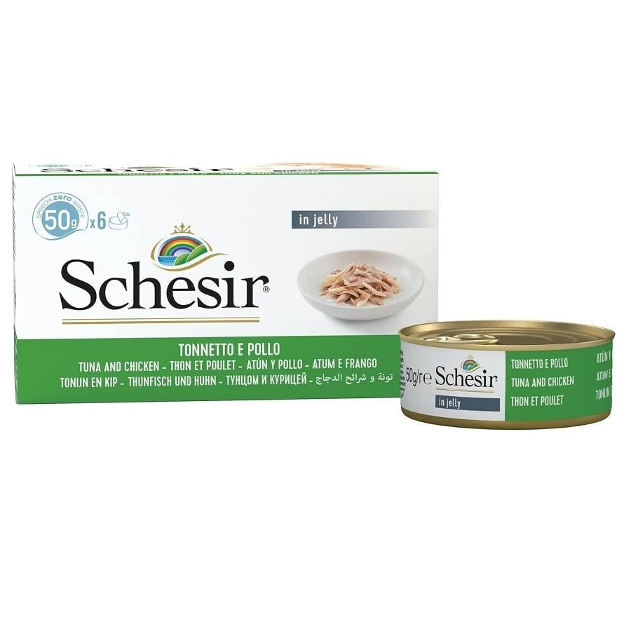 Schesir Tam ve Dengeli Ton Balığı ile Tavuklu Jöle İçinde Kedi Konservesi Multipack 6x50g