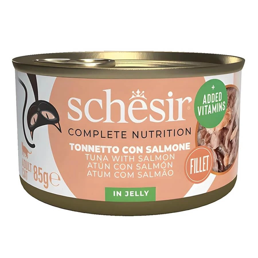 Schesir Tam ve Dengeli Ton Balığı ile Somonlu Jöle İçinde Kedi Konservesi 85g