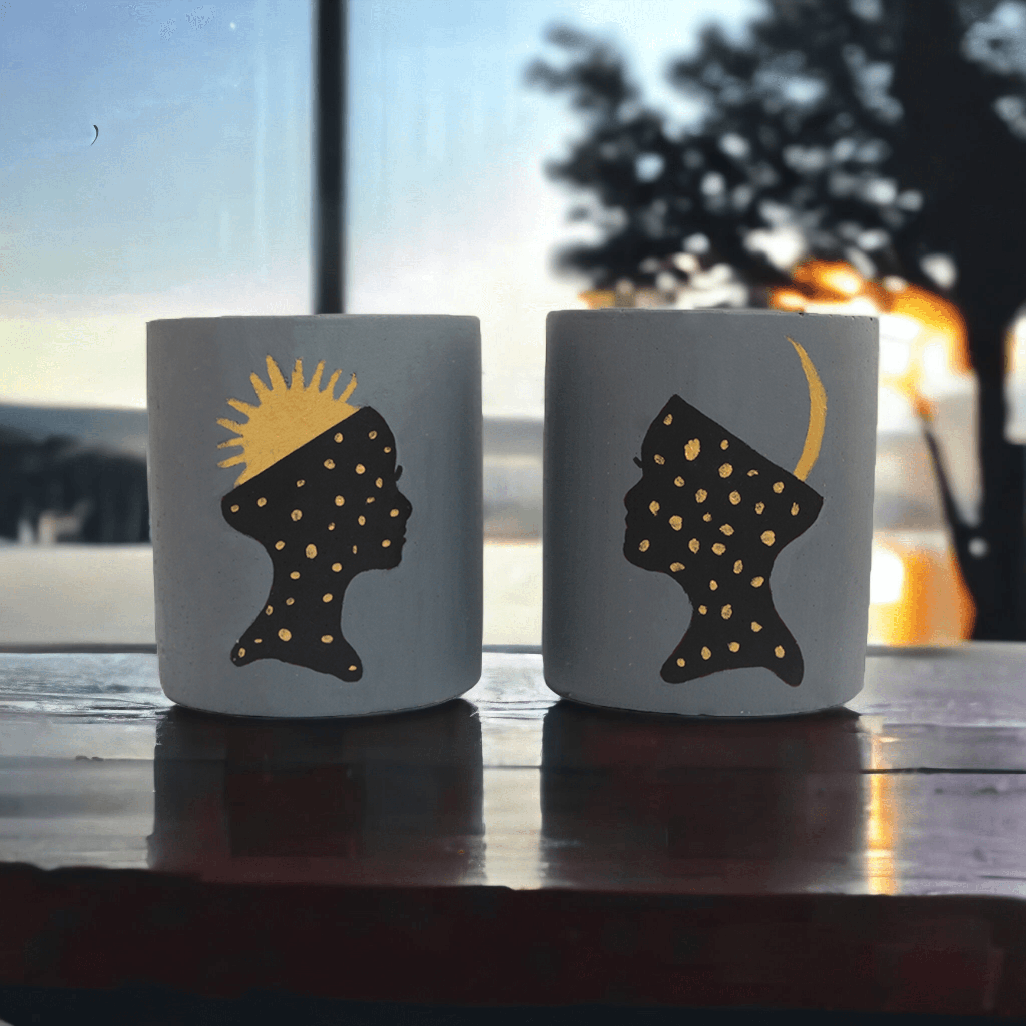 İkili Ay-Güneş Temalı Beton Saksı, Hediyelik Dekoratif Obje